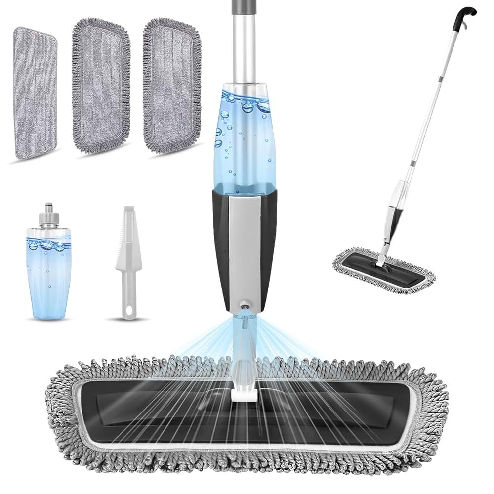 Image of Black Spray Mop With Built-in Water Bottle - Flat Floor Mop For Hardwood, Tile & Laminate, Adjustable Handle & Reusable Microfiber Pad, Lightweight Wet Mop For Cleaning