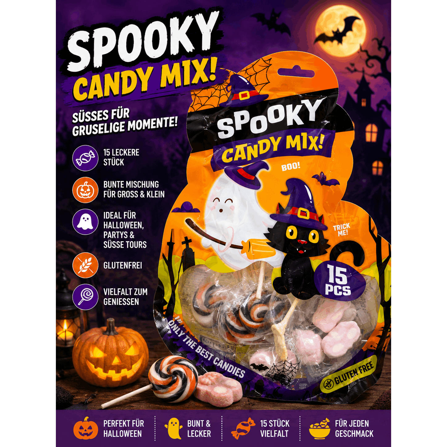 Spooky Candy Mix Halloween Treats 130g – Colorful Scary Candy Assortment With Lollipops, Fruit Gummies & Chewing Candies For Trick Or Treat Party, Kids & Adults