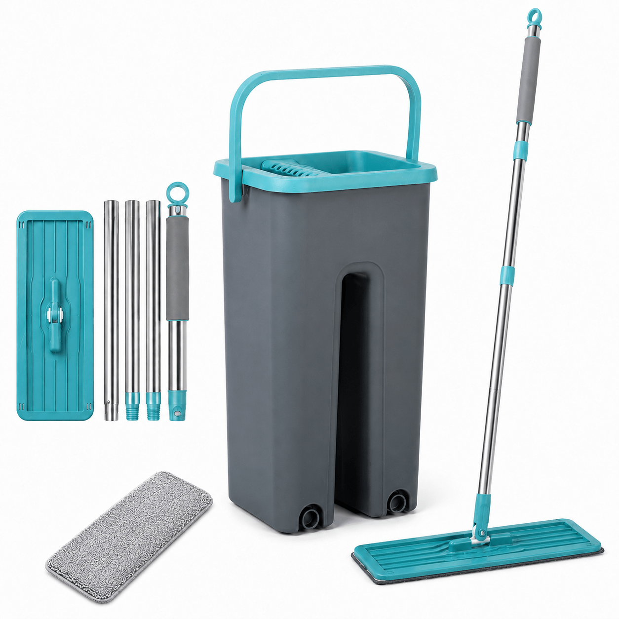 TEMU Flat Mop con Secchio �� a Scomparto Lavaggio e Strizzaggio �� Pavimenti con in Microfibra Lavabile �� in Acciaio 112 cm �� Testa Snodabile 360簞 i