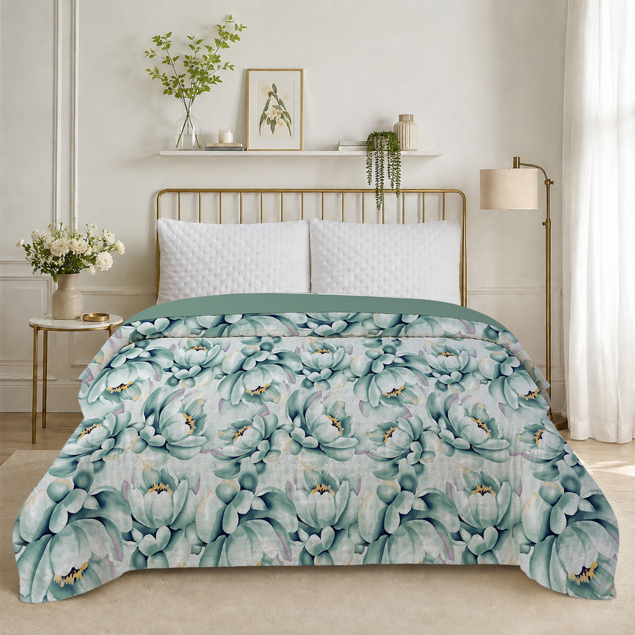 TEMU Colcha Premium de poliéster 230x250 cm – Estampado floral elegante , y para /verano (verde, , azul)