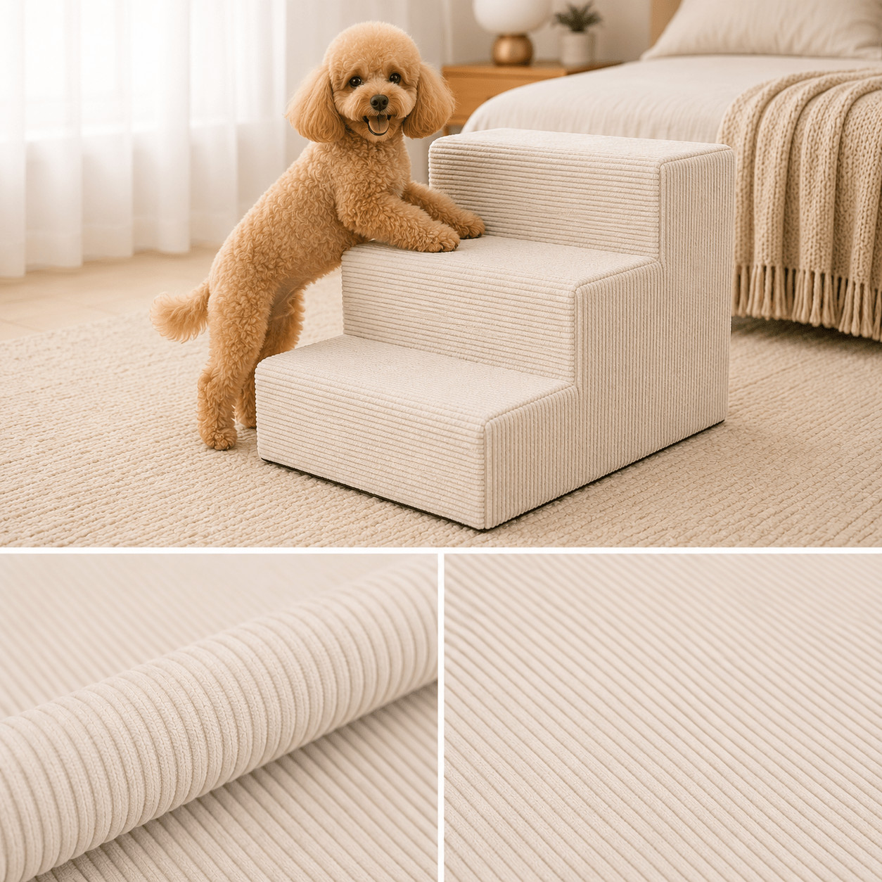 Pet Stairs For Dogs And Cats – 3 Steps, Soft Corduroy, Non-slip Bottom, Removable Cover, Ramp, Platform