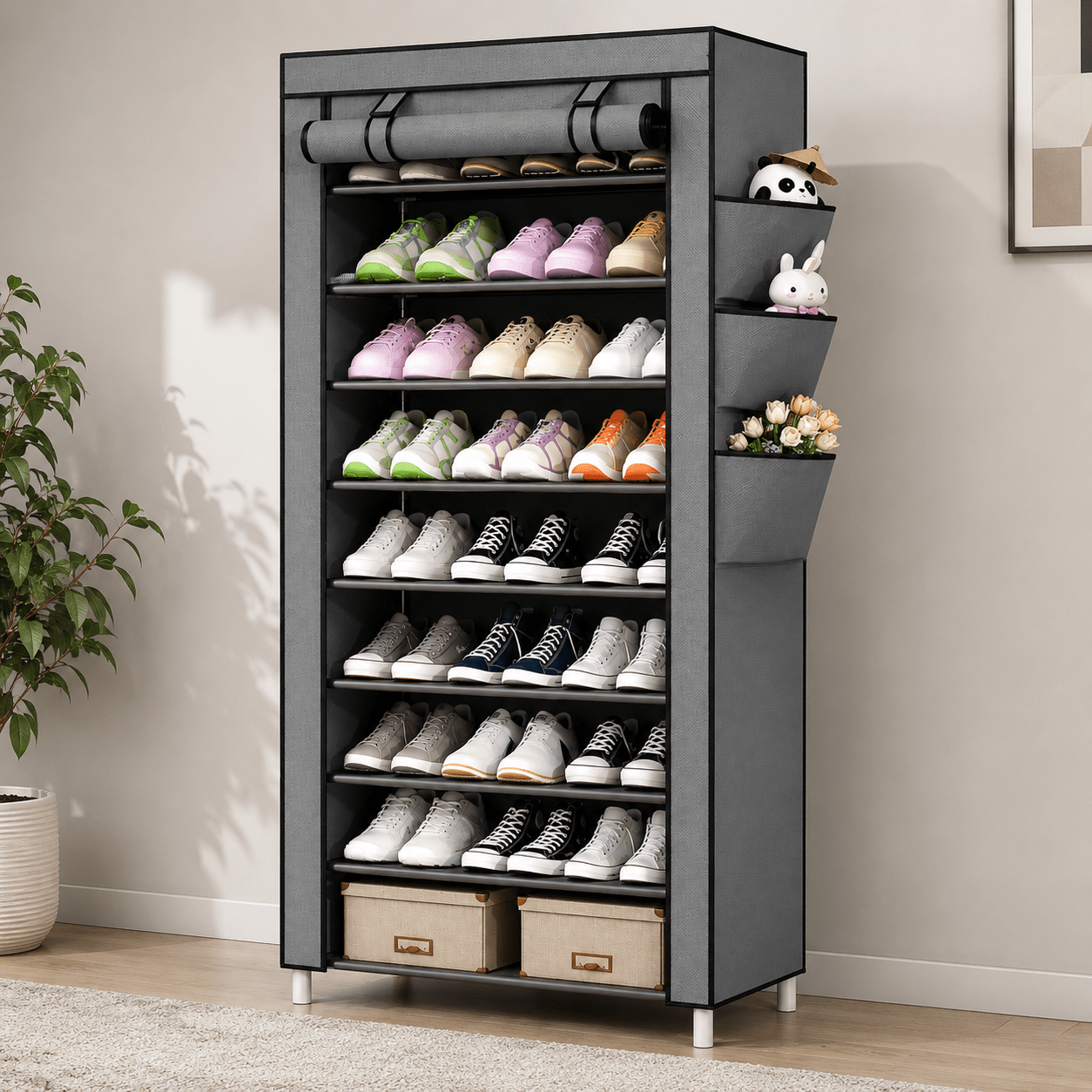 Image of 6/8 Tier Multifunctional Shoe Rack | Non-woven Fabric | Sliding Door + Side Pockets | For Entryway, Bedroom, Dressing Room