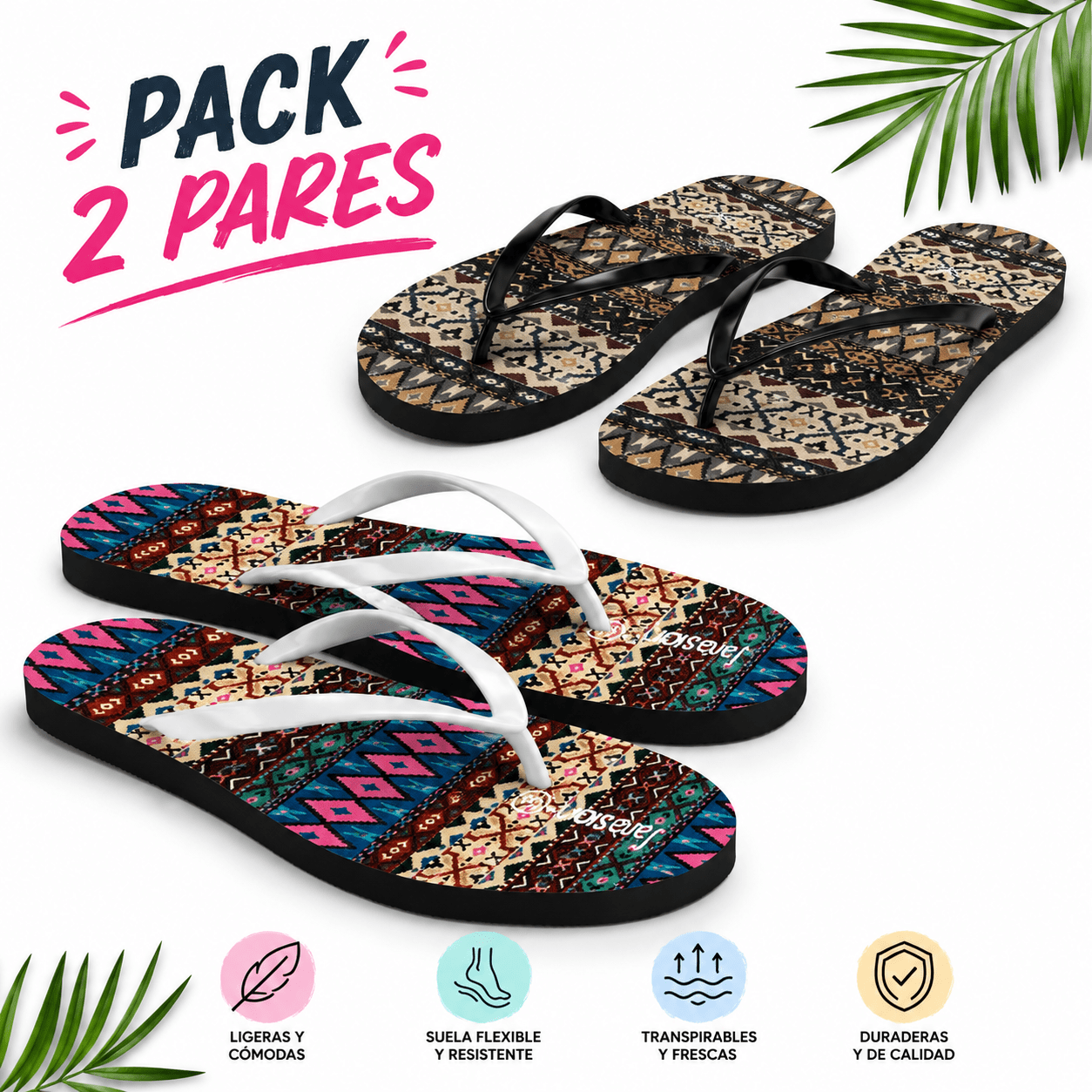 TEMU Pack 2 de Sandalias Mujer Estilo Étnico Premium - Chanclas Cómodas y Ligeras con Flexible Antideslizante, Diseño Tribal Moderno, Ideales para