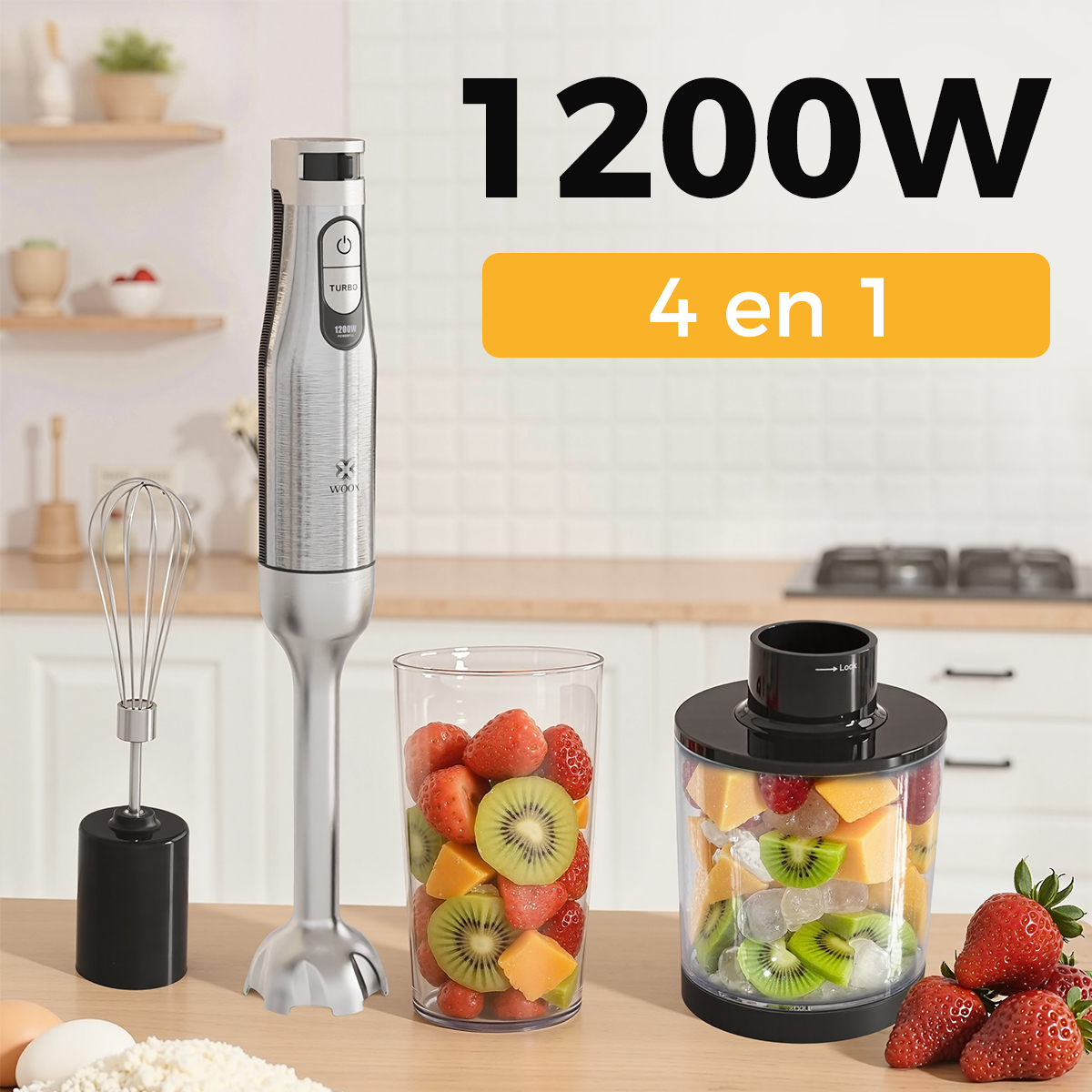 TEMU Licuadora de de 1200 W 4 en 1, picadora de alimentos, batidora de inmersión con de huevos, vaso medidor de 600 ml, enchufe UE, mezcladora
