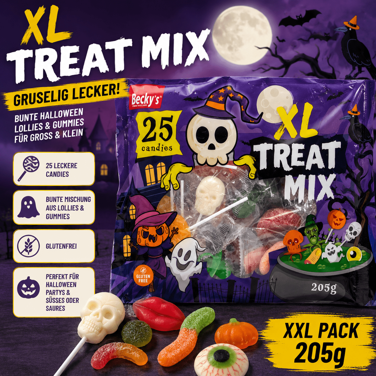 Xl Treat Mix Halloween Candy 205g – Colorful Halloween Candy Assortment With Lollipops, Fruit Gummies & Chew Candies For Trick Or Treat Party Bags, Kids & Adults