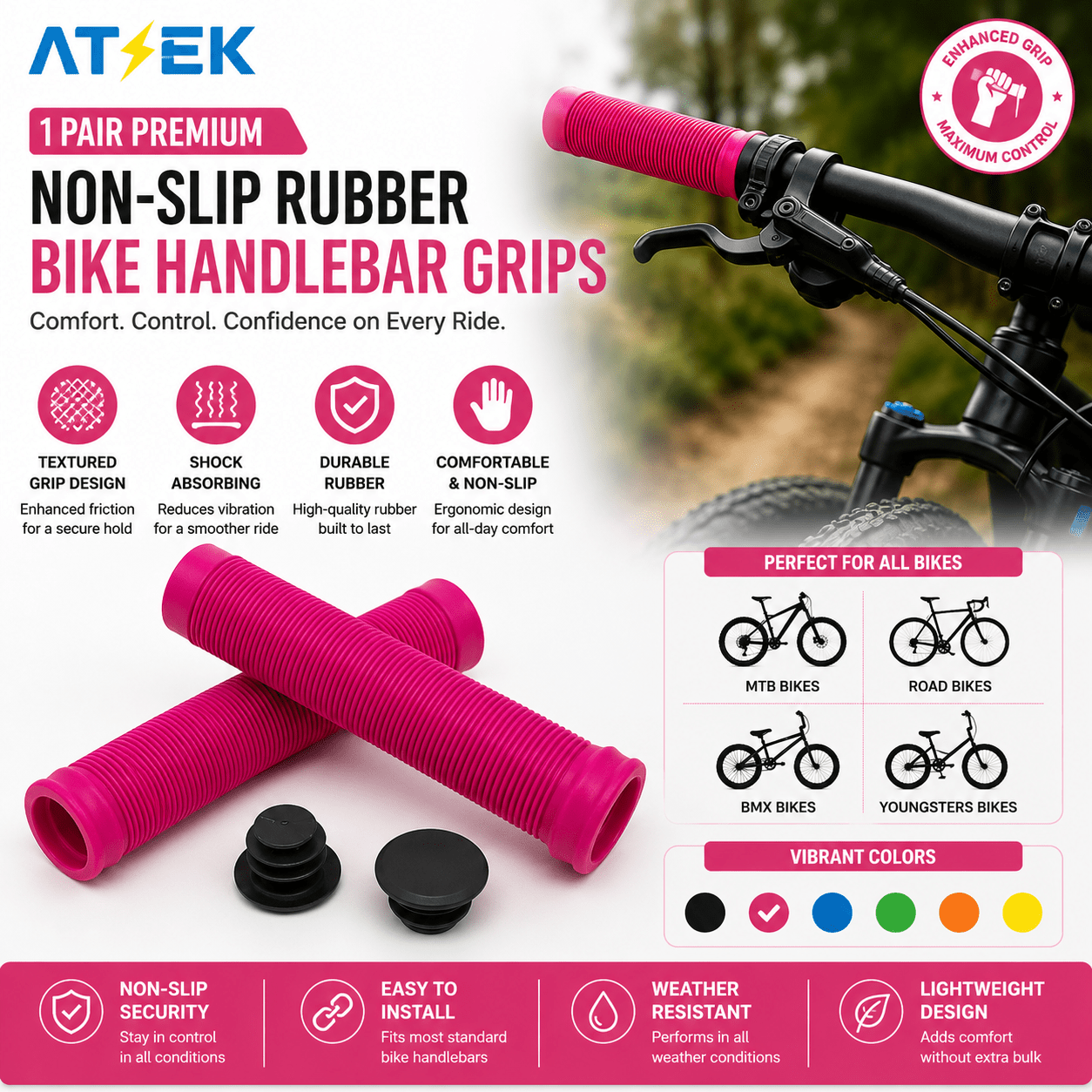 TEMU 1 Pair Pink Premium Non-slip Rubber Bike Handlebar Grips - Comfortable, Shock-absorbing Mtb & Road Bicycle Handle Covers In Vibrant Colors, Fit
