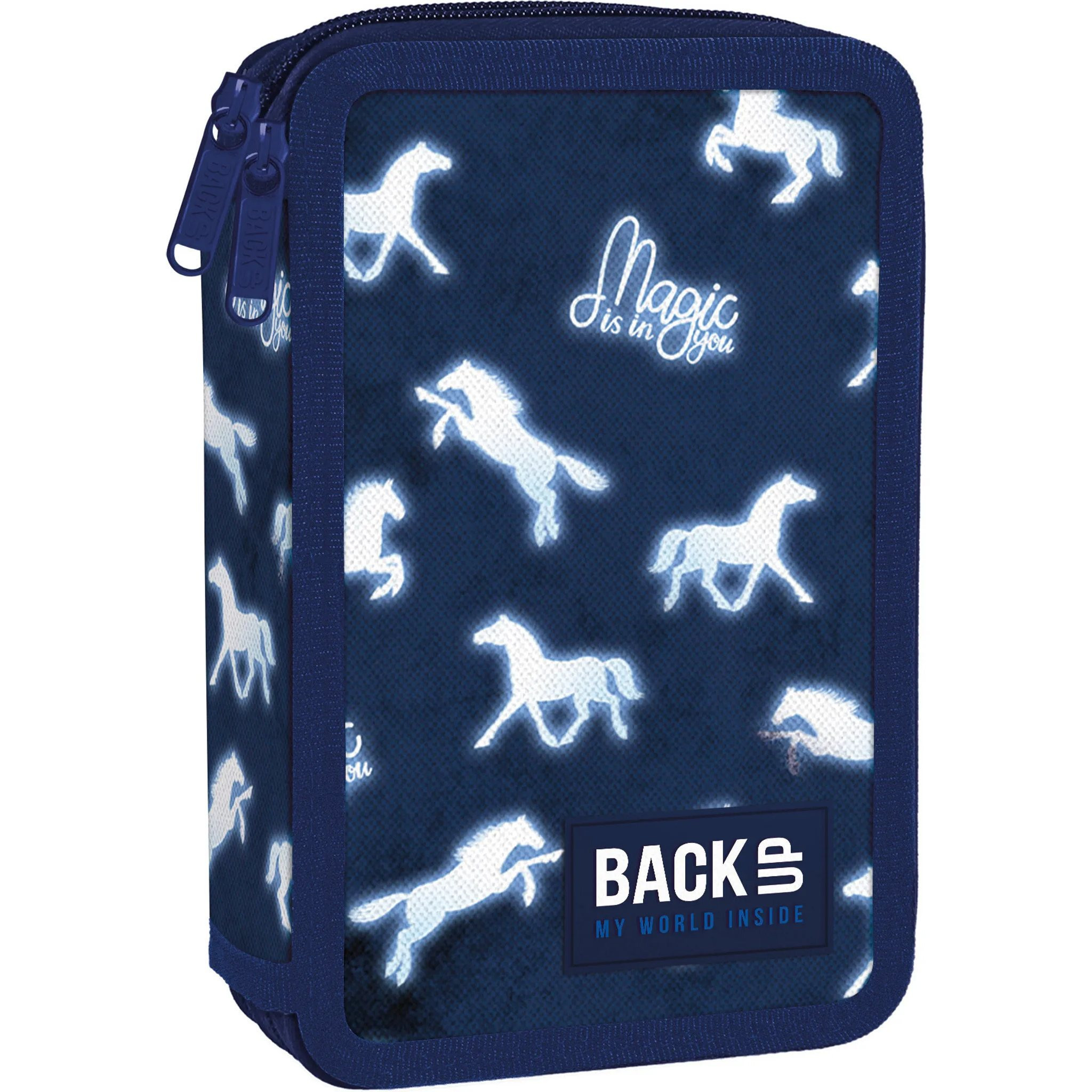 Horse 2-compartment Pencil Case, Filled Pencil Pouch, Pencil Holder, Pony, Dark Blue