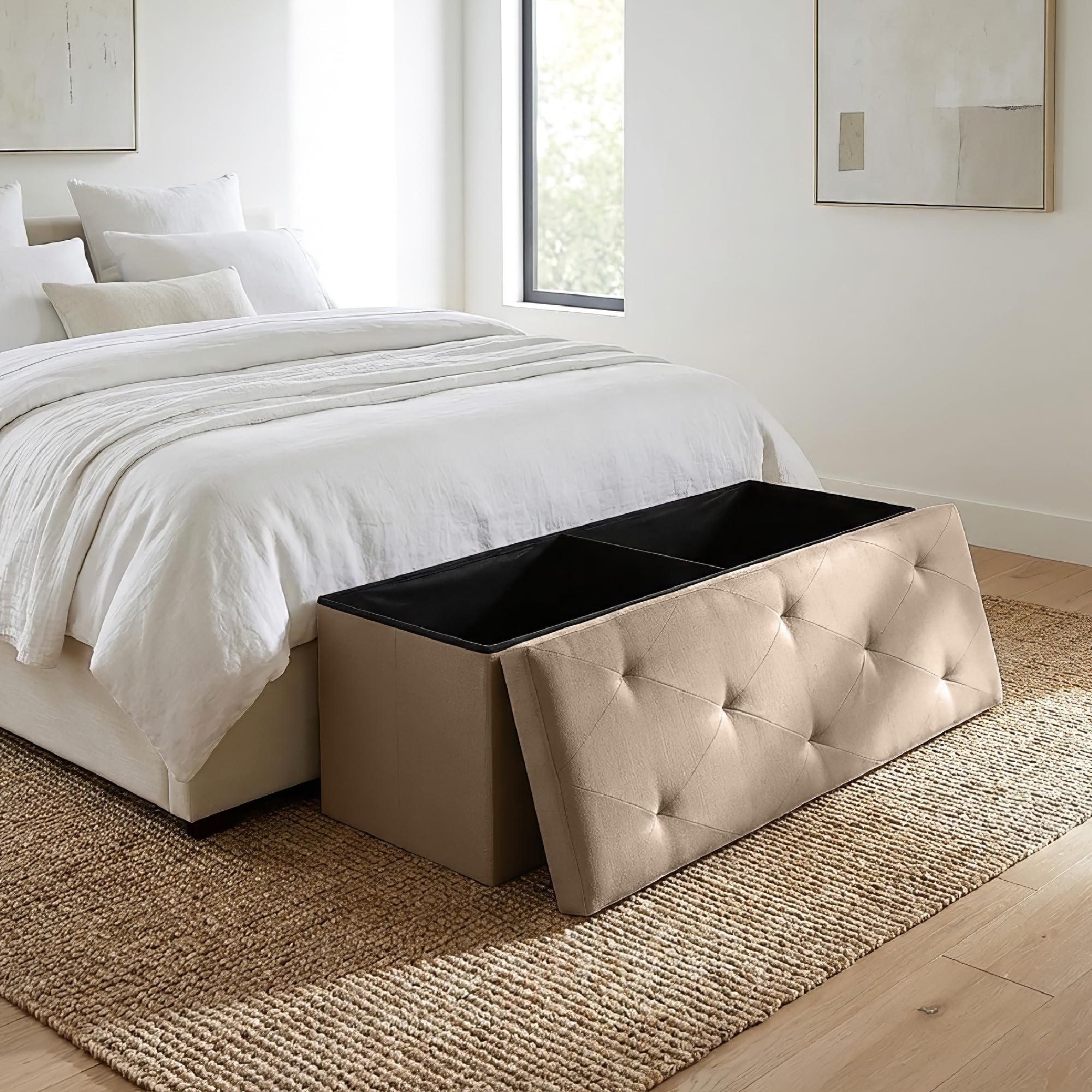 TEMU IlGruppone Panca Contenitore XXL 110 cm con Seduta Imbottita e Vano Salvaspazio, Pouf Contenitore Lino, Portata 150 kg, Cassapanca Pieghevole