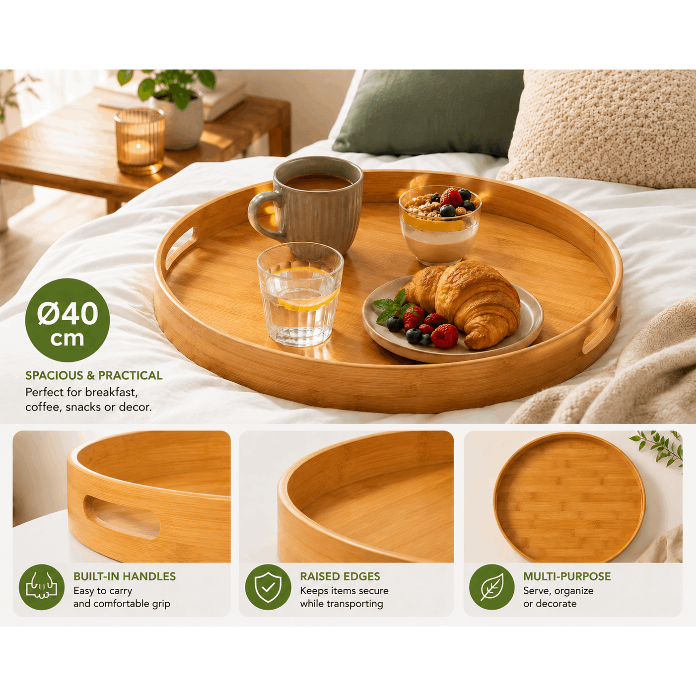 TEMU Plateau Rond en Bambou Ø40 cm – Plateau de Service avec Rebords et Poignées Intégrées pour , Café, Apéritif ou Décoration