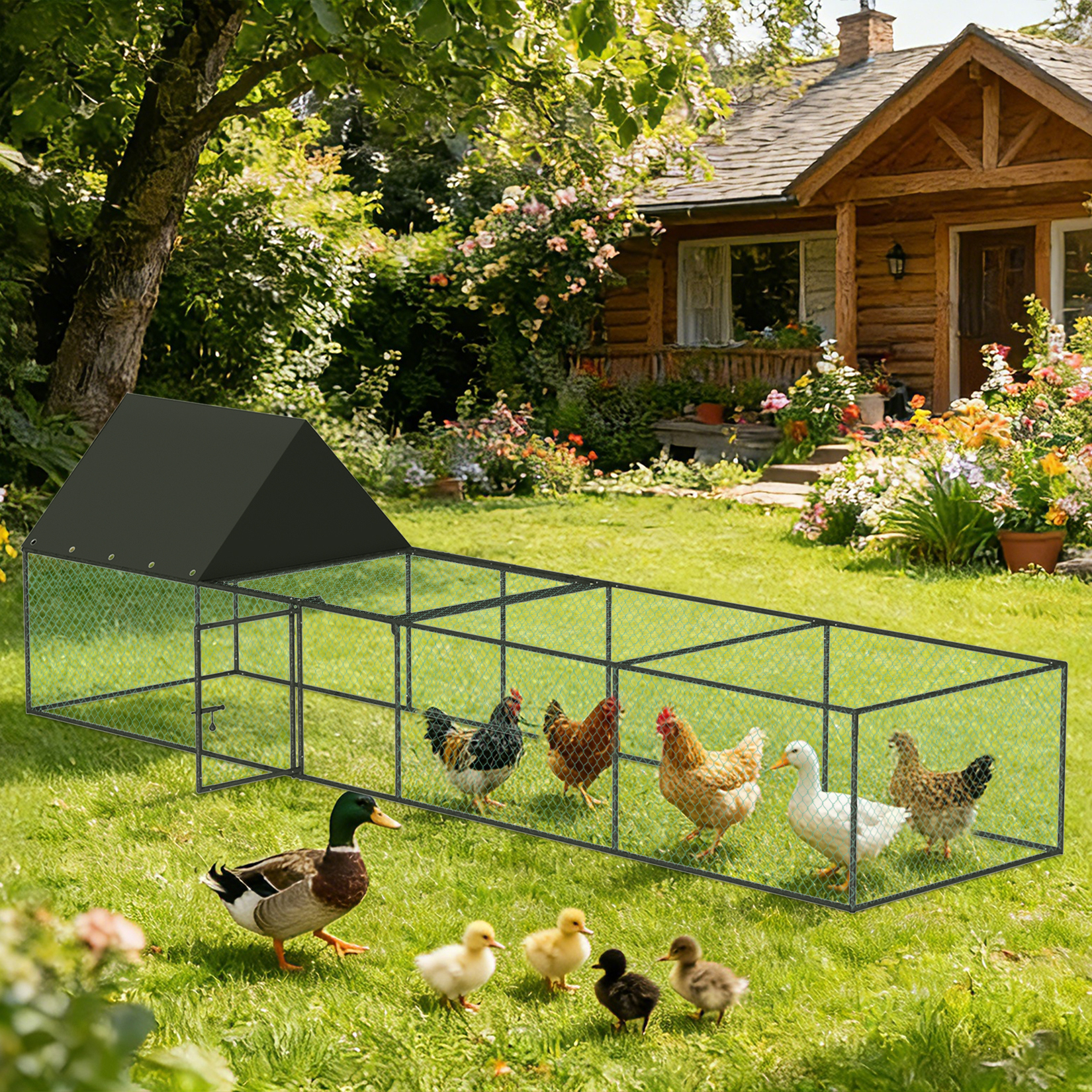 Large Metal Chicken Coop With Waterproof Sunshade Cover - 319.5x81x90cm Walk-in Poultry Cage With Nylon Mesh Netting, Outdoor Enclosure For Ducks, Quail, Chicks, Backyard Farm Use