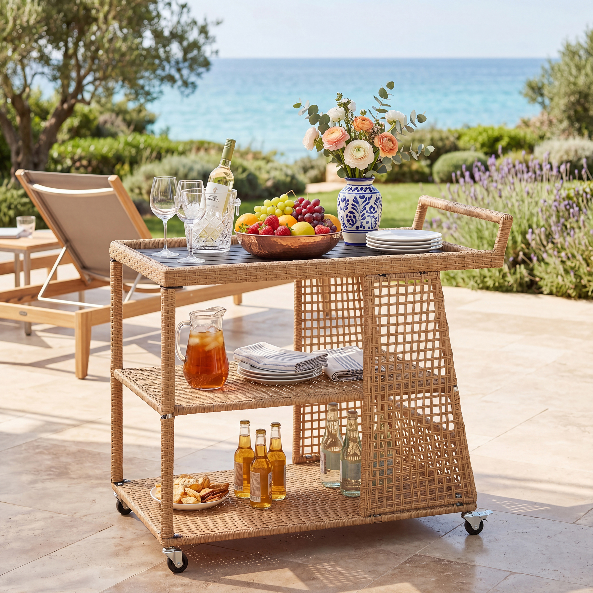Image of 3-tier Pe Rattan Outdoor Bar Cart, Garden Serving Cart With Large Top, 4 Convenient Wheels, Ergonomic Handle