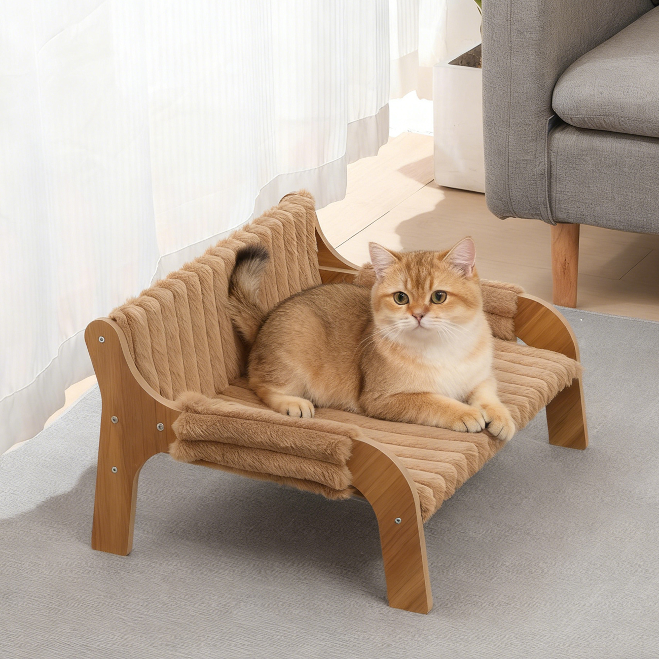 Image of Indoor Cat Couch Bed, Wooden Raised Pet Sofa With 2 Removable Mattress Covers, Elevated Kitty Lounge Chair For Cat, Puppy, Or Small Animal