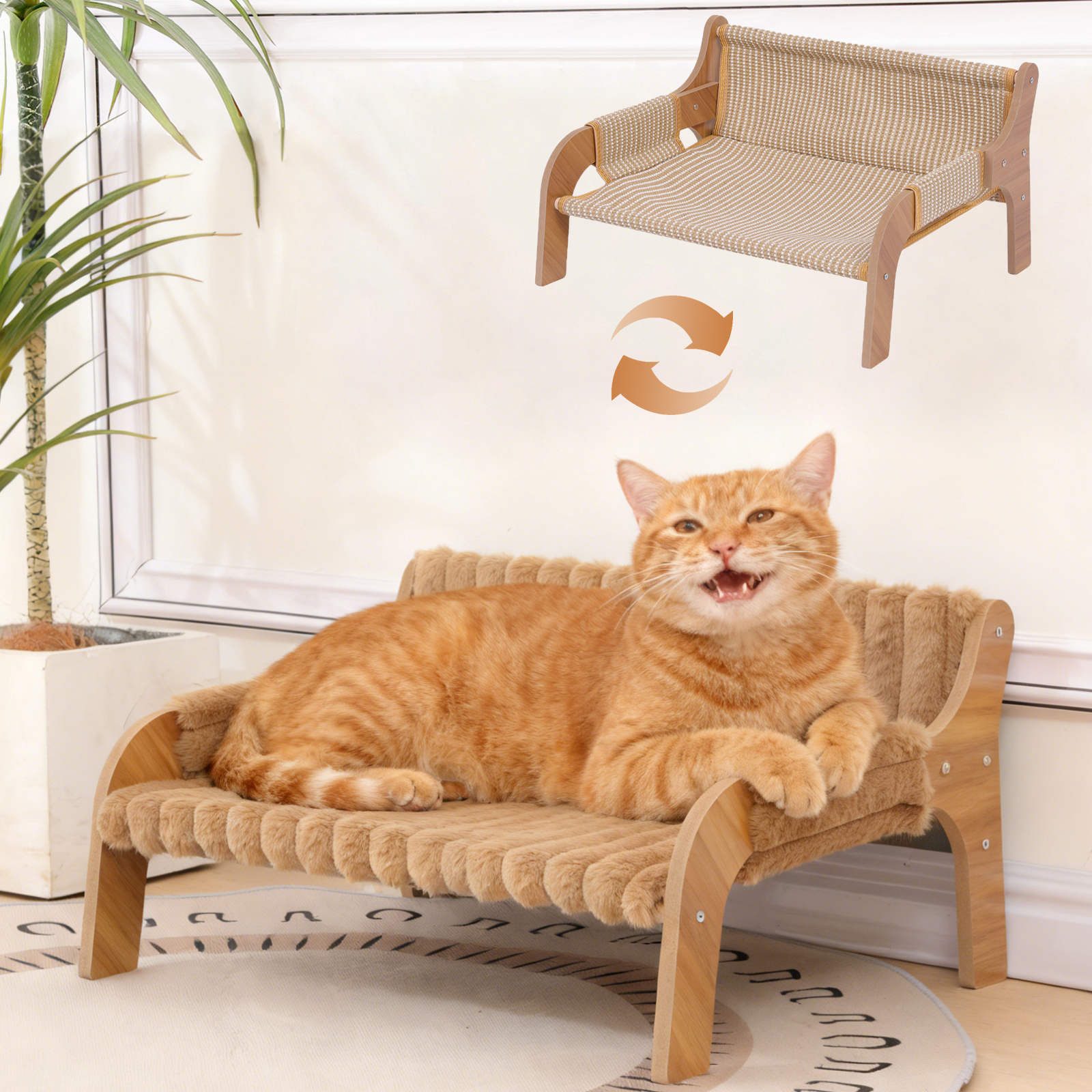 Elevated Wooden Cat Sofa Bed, Small Raised Cat Furniture With Replaceable Washable Warm/cool Cushions For Indoor Cats