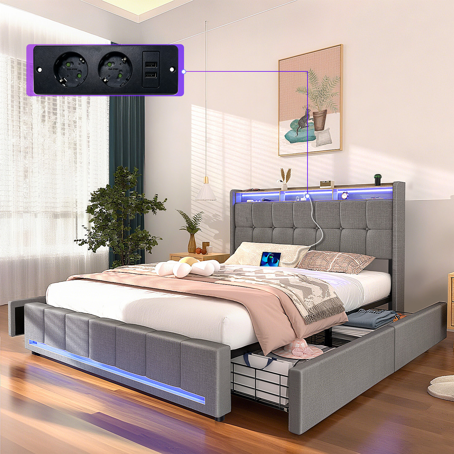 Upholstered Bed 140x200cm Double Bed With Led Lighting And Charging Function, Youth Bed With 4 Drawers, Box Spring Bed Frame With Wooden Slats And Linen Headboard, Grey