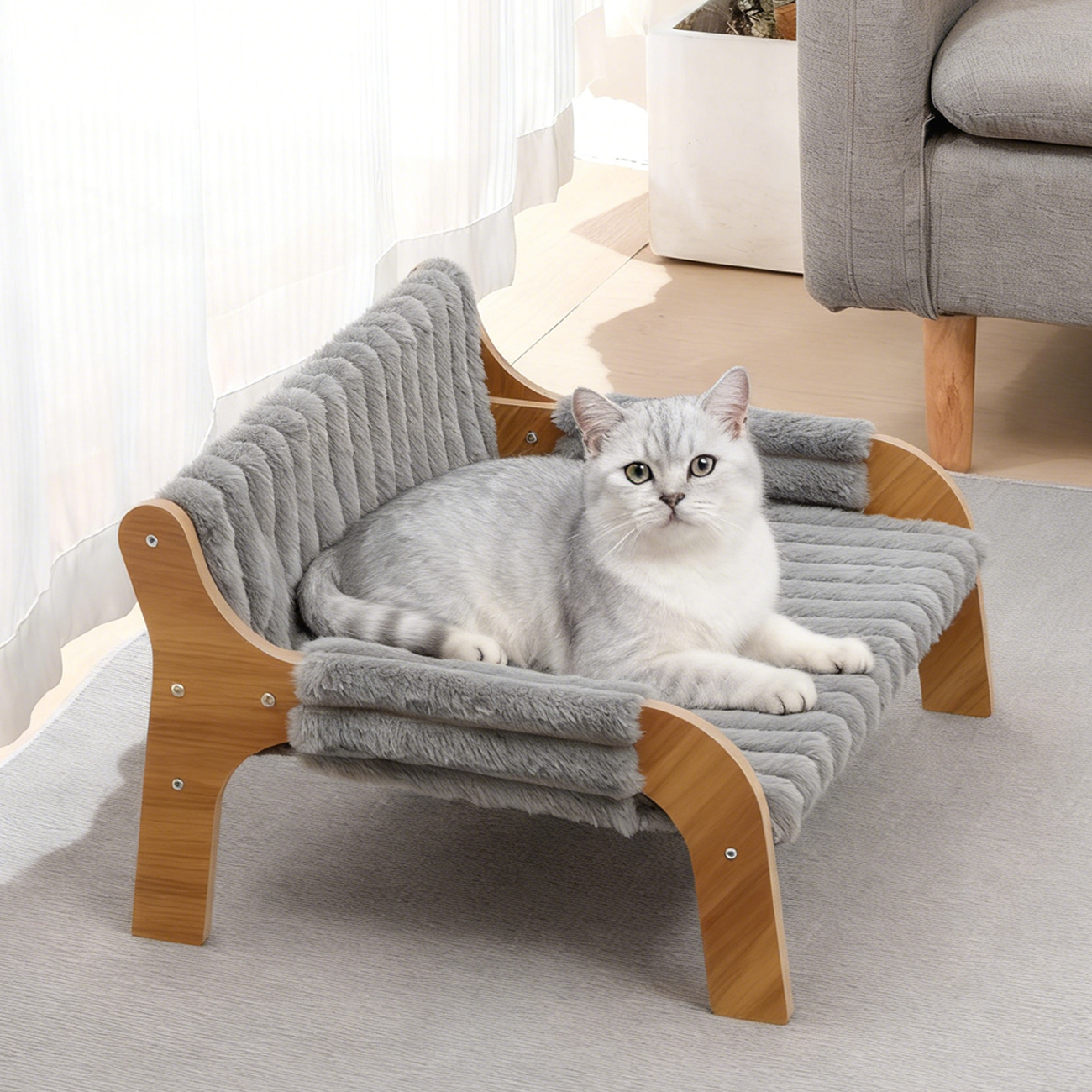 Indoor Cat Couch Bed, Wooden Raised Pet Sofa With 2 Removable Mattress Covers, Elevated Kitty Lounge Chair For Cat, Puppy, Or Small Animal