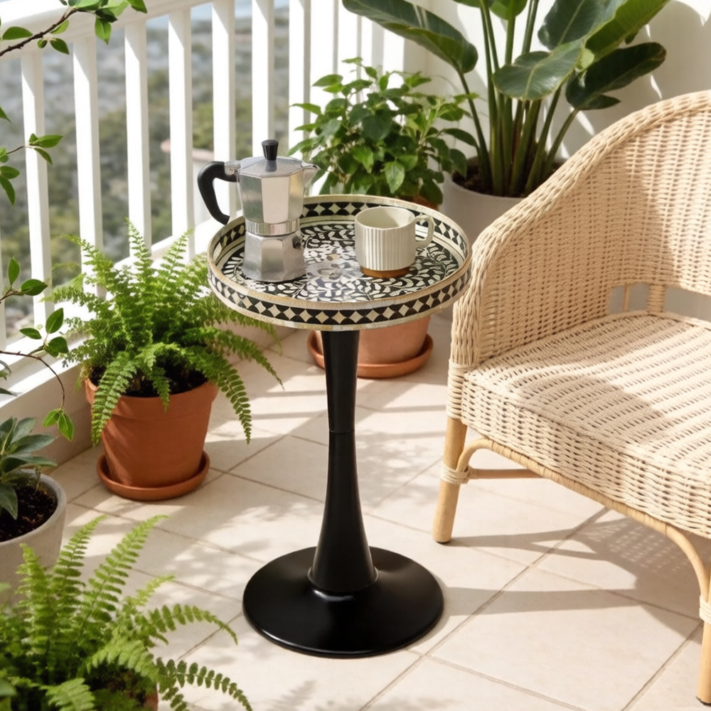 Boho Round Outdoor Garden Table With Trumpet Leg, Small Outdoor Side Table For Balcony Terrace, Accent Patio Table With Mandala Pattern
