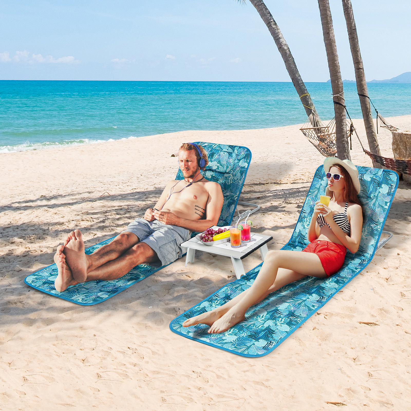Image of 3-piece Folding Beach Mat Set W/2 Adjustable Lounge Chairs & A Side Table, Portable Outdoor Reclining Lounger Set For Beach, Patio, Picnic, Ideal For Relaxation & Sunbathing