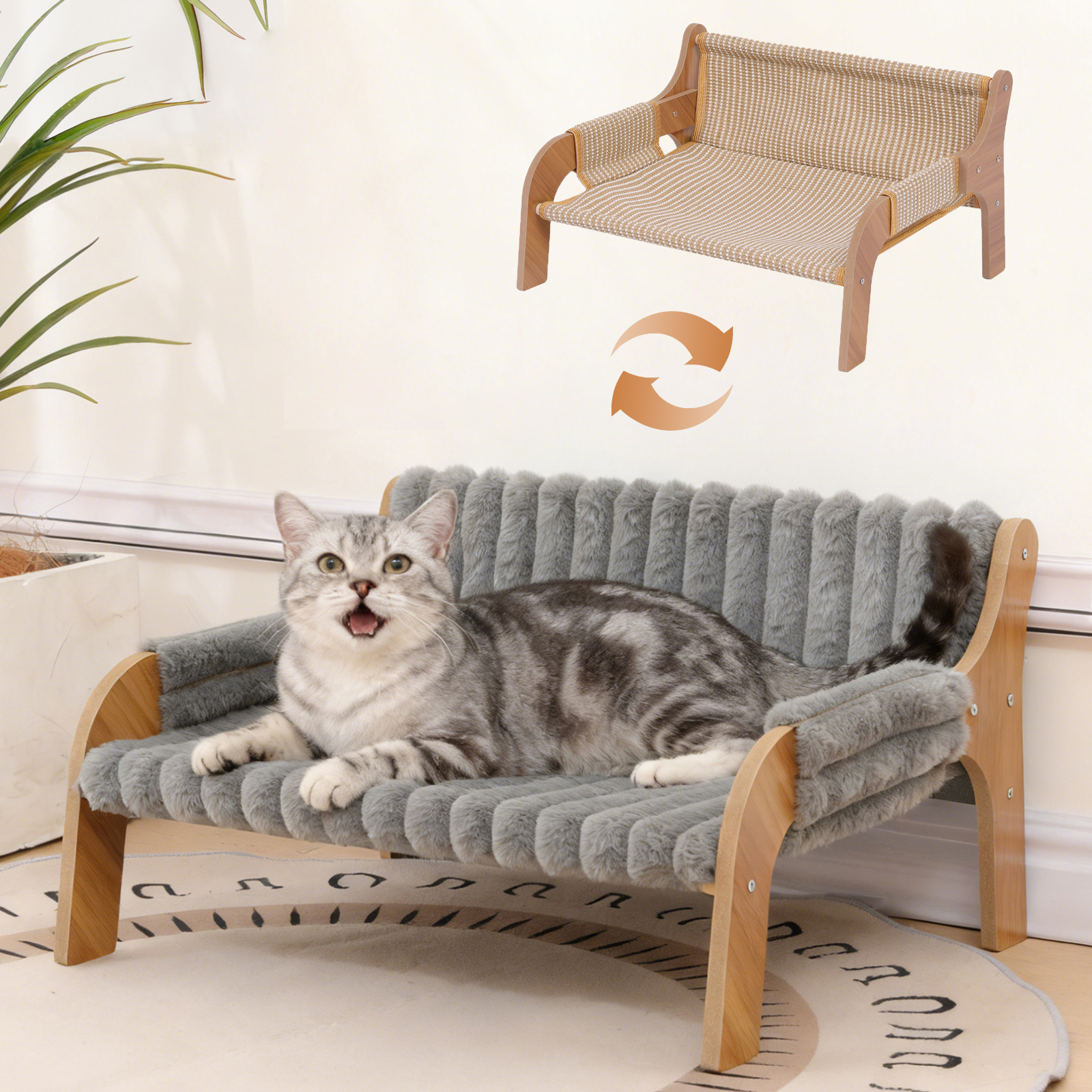 Elevated Wooden Cat Sofa Bed, Small Raised Cat Furniture With Replaceable Washable Warm/cool Cushions For Indoor Cats