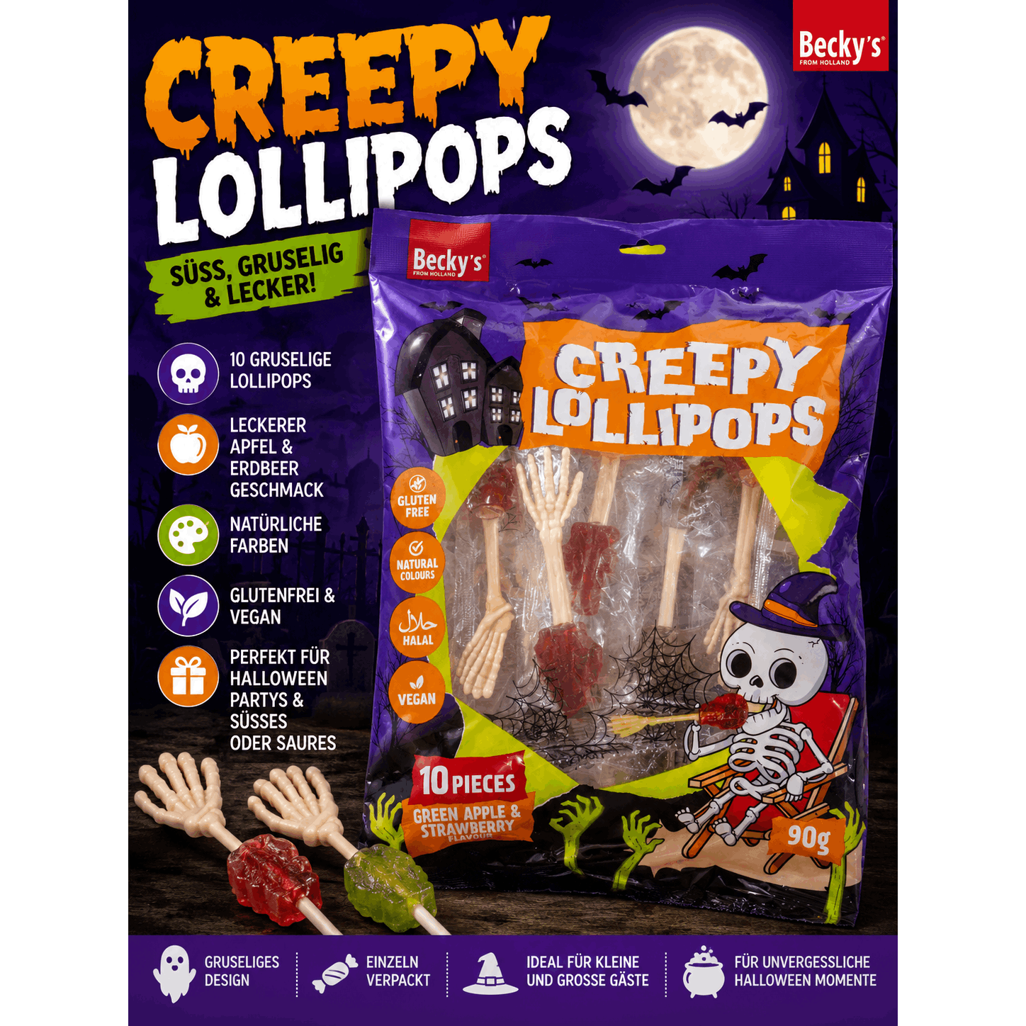 Creepy Lollipops Halloween Lozenges 90g – Spooky Halloween Candy With Green & Strawberry Flavor For Trick Or Treat Party, Kids & Adults
