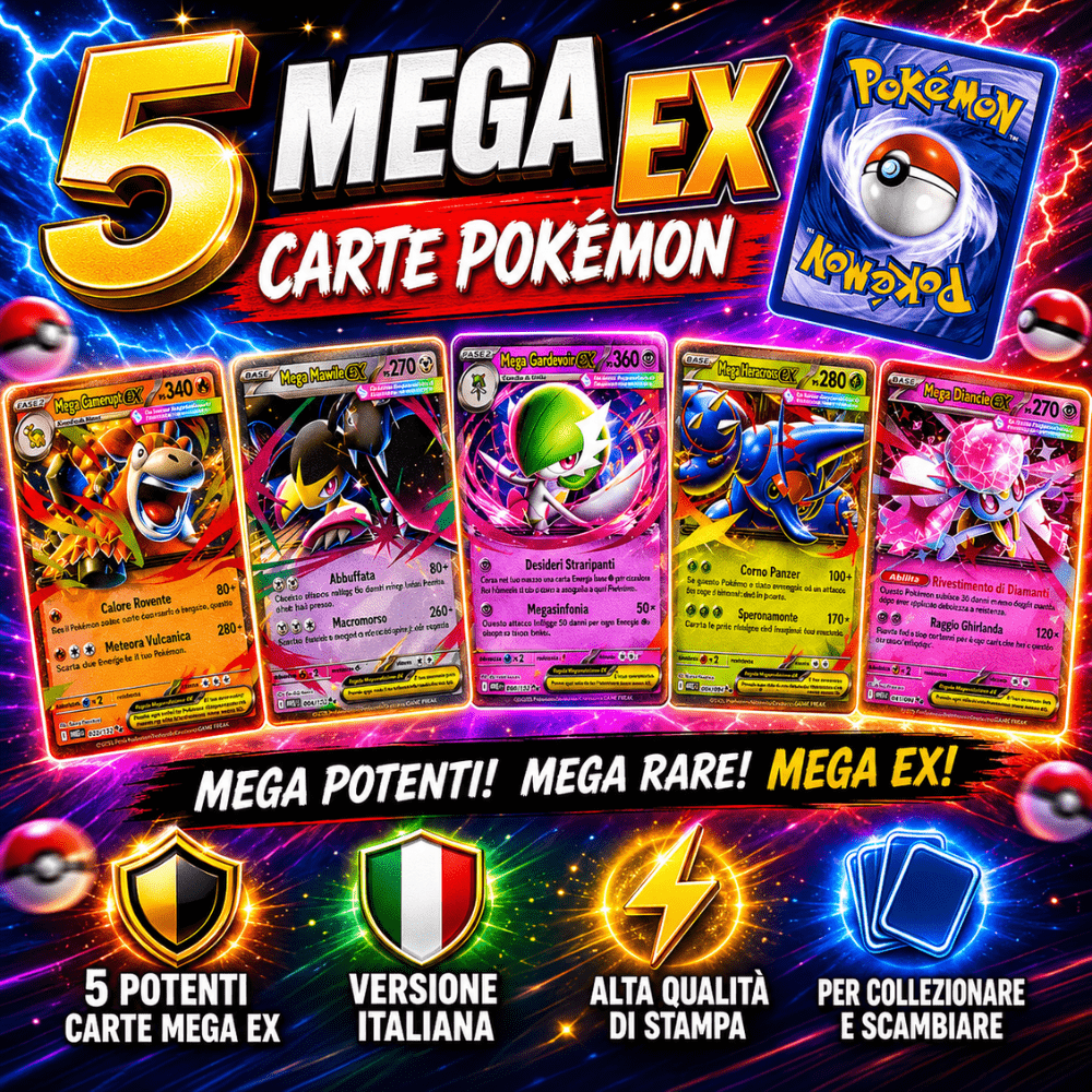 TEMU Set di 5 carte Pok矇mon EX MEGA RARE casuali - Versione italiana - 100% autentiche - Ultra rare - Garantite senza duplicati