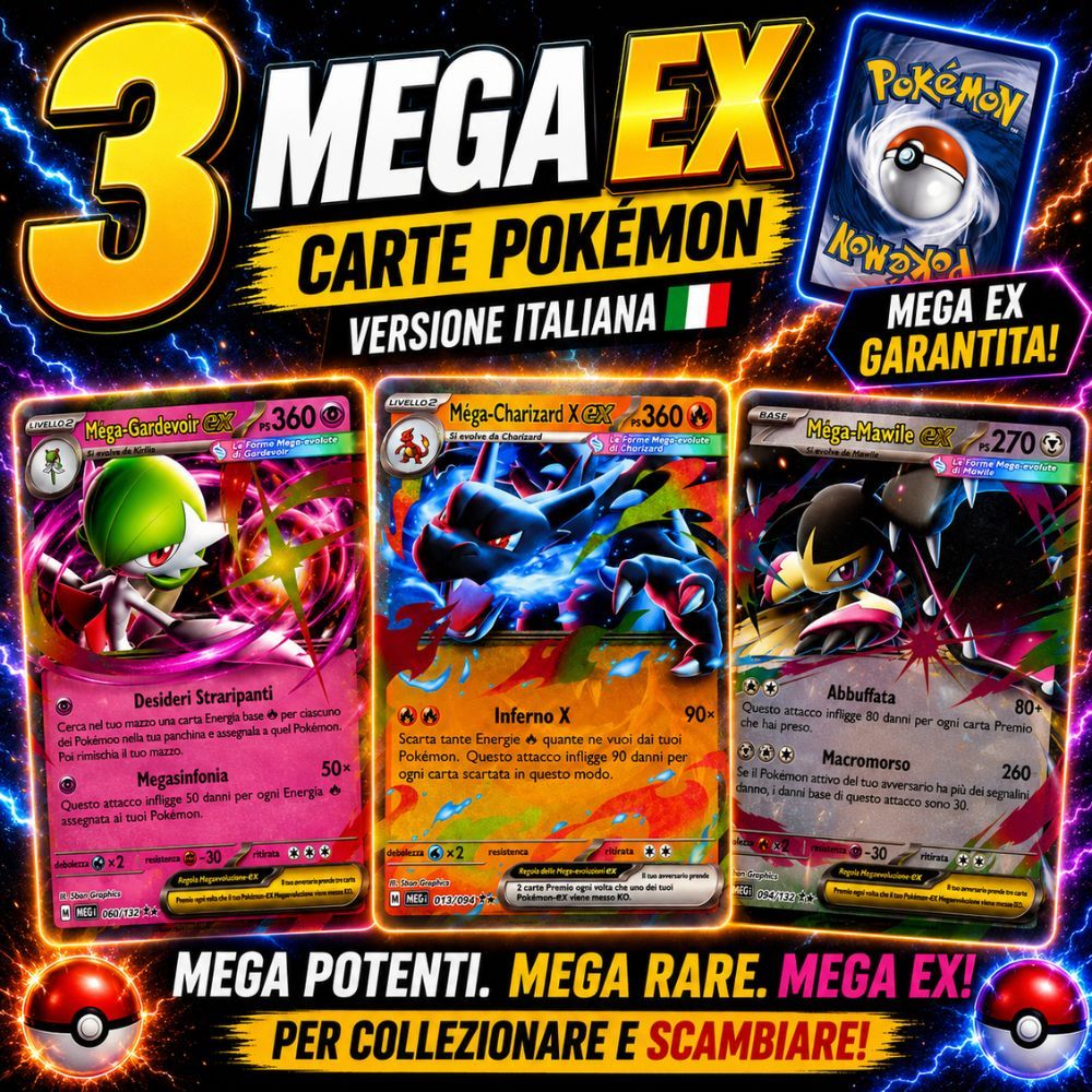 TEMU Set di 3 Carte Pok矇mon EX MEGA RARE Casuali - Versione Italiana - 100% Autentiche - Ultra Rare - Garantite Senza Duplicati