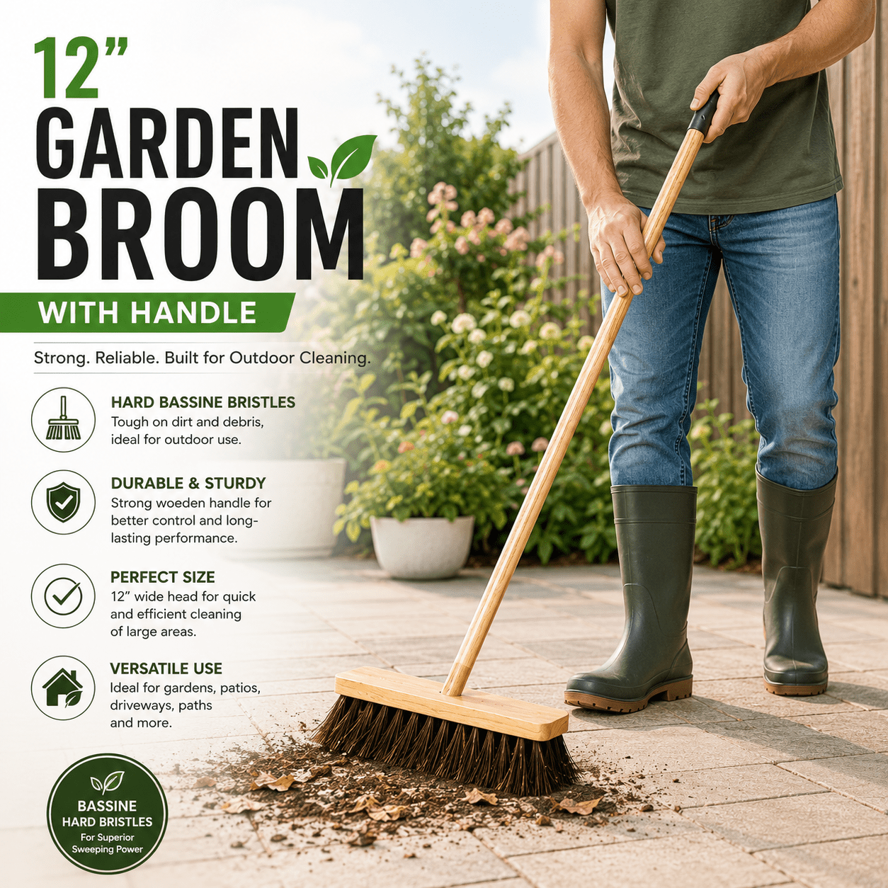 12 outdoor yard broom stiff bristle sweeping brush with strong wooden handle and support bracket for cleaning patio driveway garden and yard areas