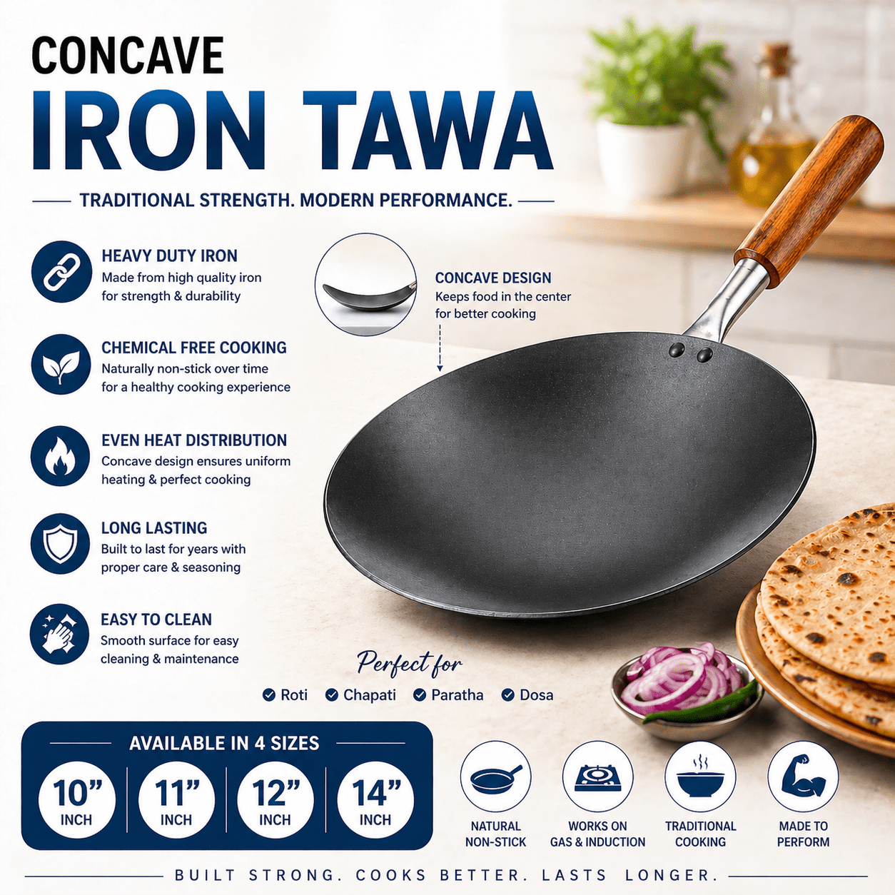 TEMU Traditional Iron Pan10in / 11in / 12in / 14in – Heavy Duty Flat Griddle With Heat-resistant Wooden Handle – Perfect For Authentic Roti, Chapati,