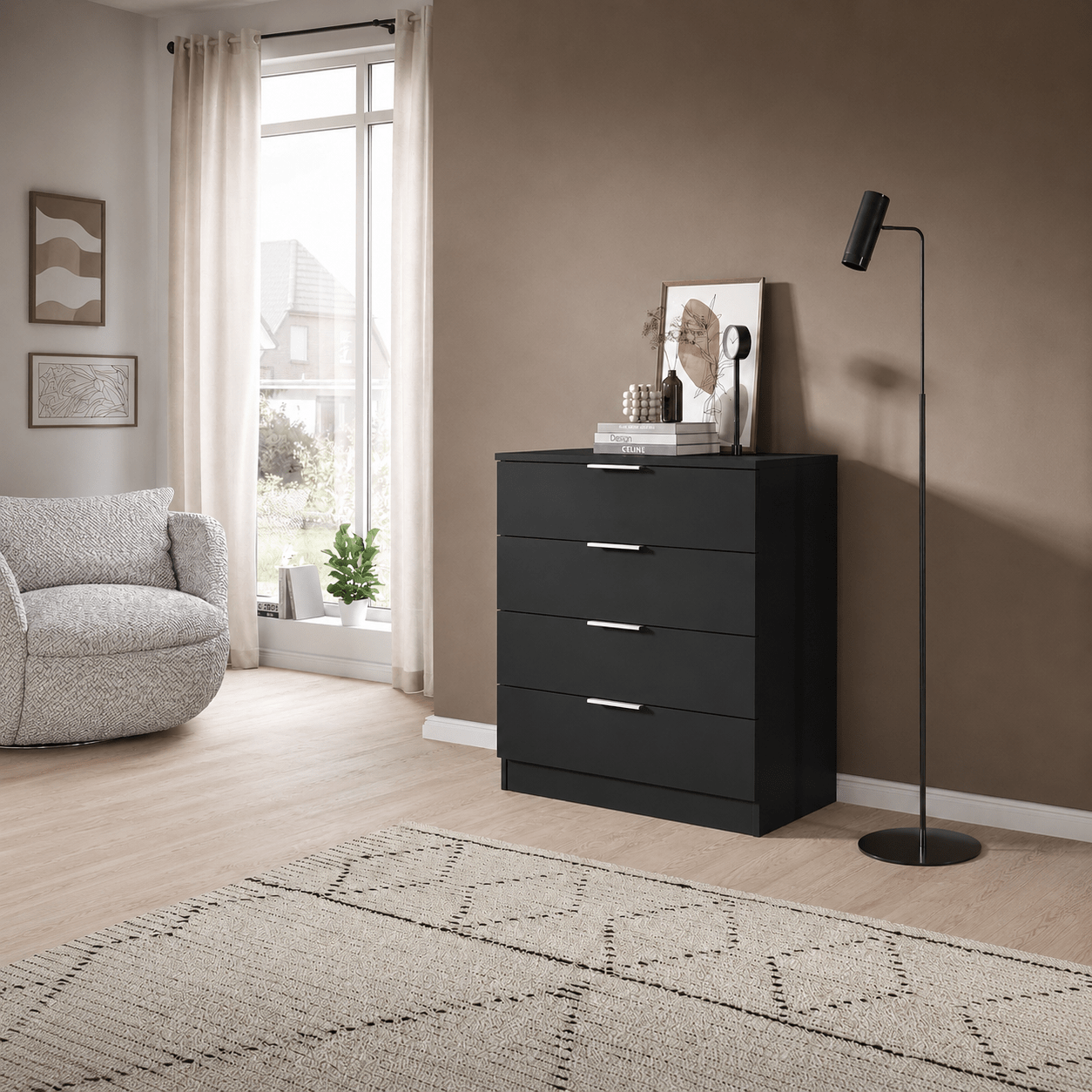 Image of Modern 4 Drawer Chest Of Drawers, Wooden Storage Cabinet With Black Handles, Bedroom Dresser Unit For Clothes, Living Room, Hallway & Home Organisation