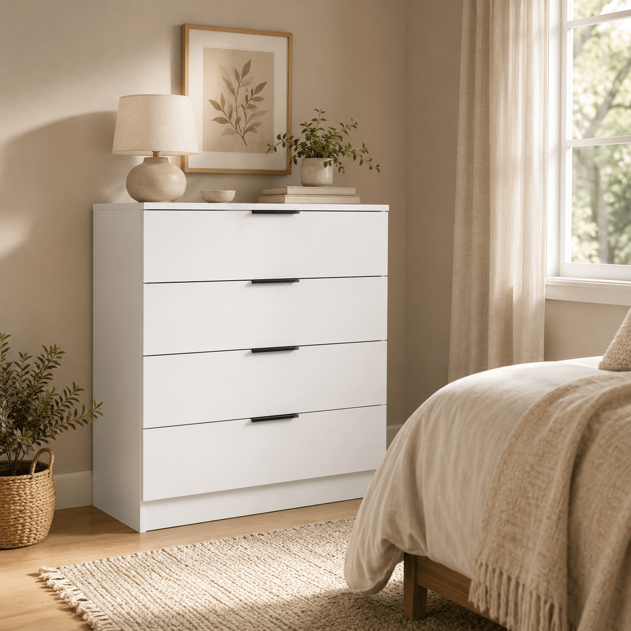 Modern 4 Drawer Chest Of Drawers, Wooden Storage Cabinet With Black Handles, Bedroom Dresser Unit For Clothes, Living Room, Hallway & Home Organisation