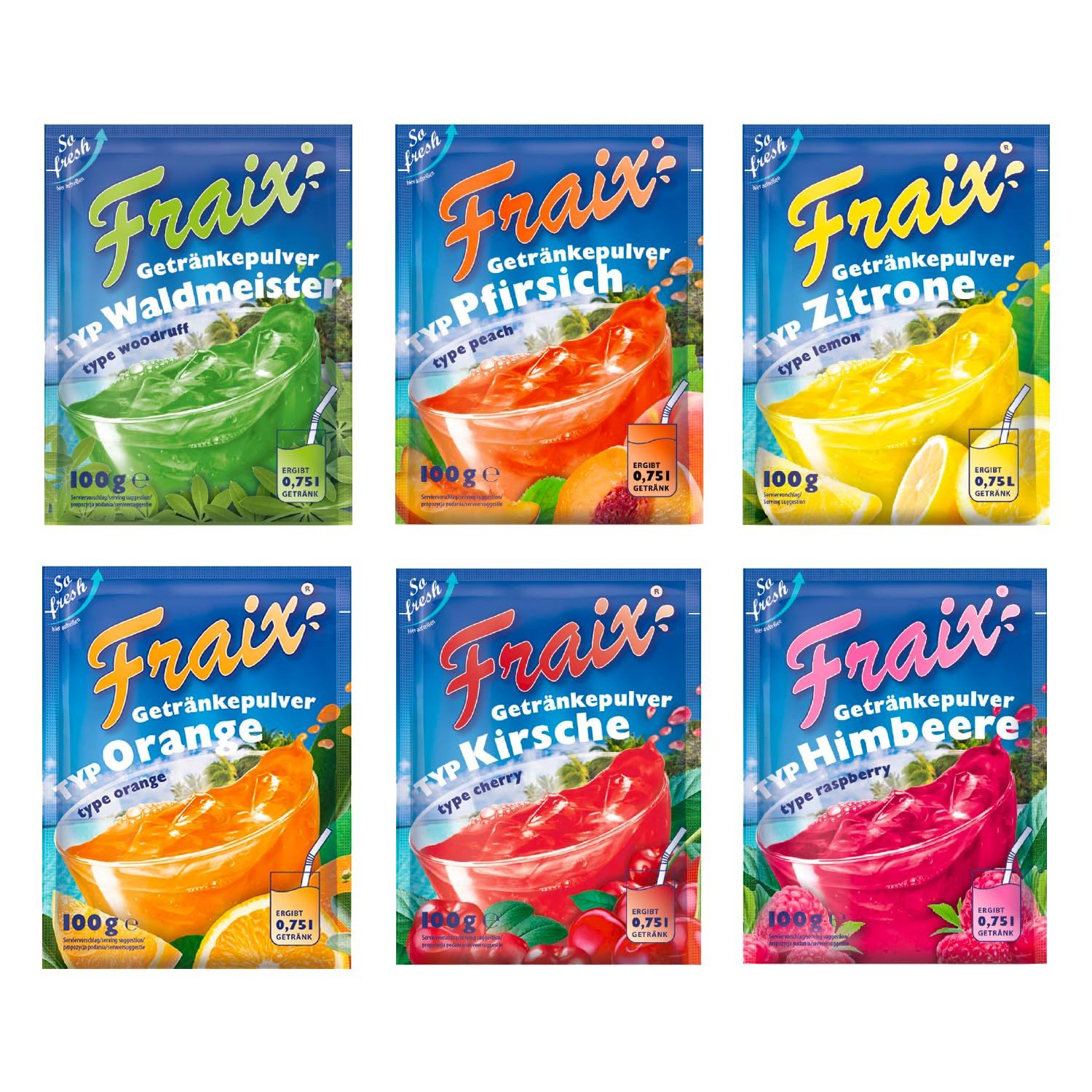 Fraix Beverage Powder 6 Varieties Trial Pack - Raspberry, Cherry Orange, Peach, Woodruff, And Lemon, 100g Each