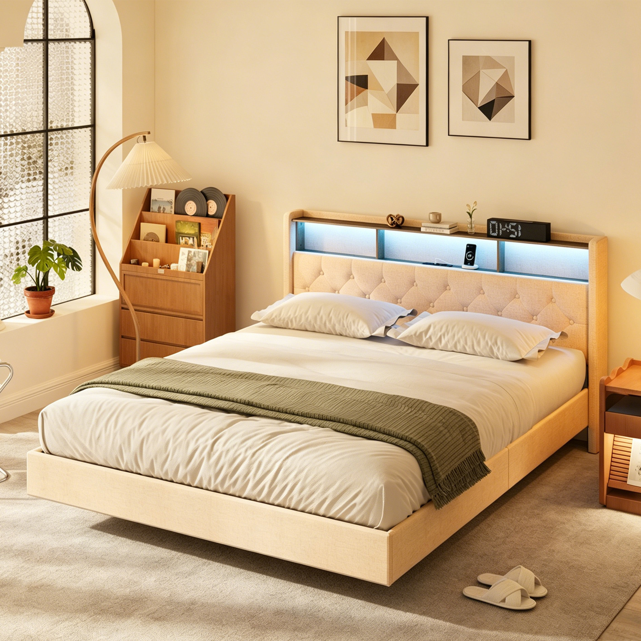 Upholstered Bed With Headboard Storage, 140x200 Cm, Quiet Floating Bed With Slatted Frame, Beige/dark Gray, 19af Coree