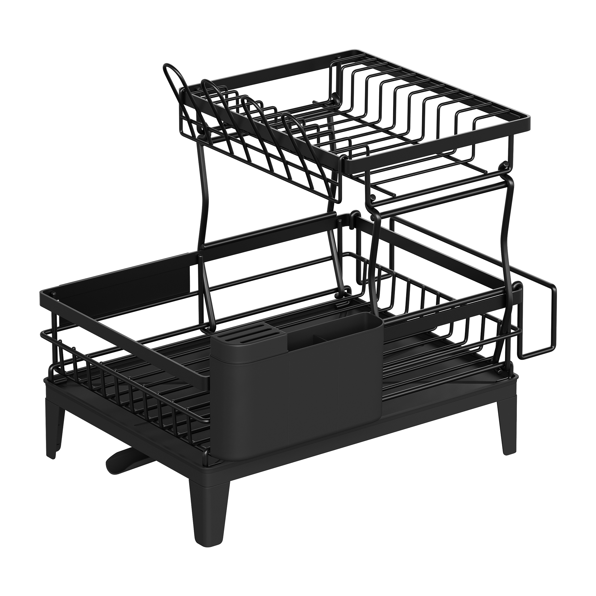 Dish Rack, 2-tier Dish Rack, 360° Rotatable And Extendable Drain, Drip Tray, Cutlery Holder, Kitchen, 31 X 42 X Cm, Tinted Black