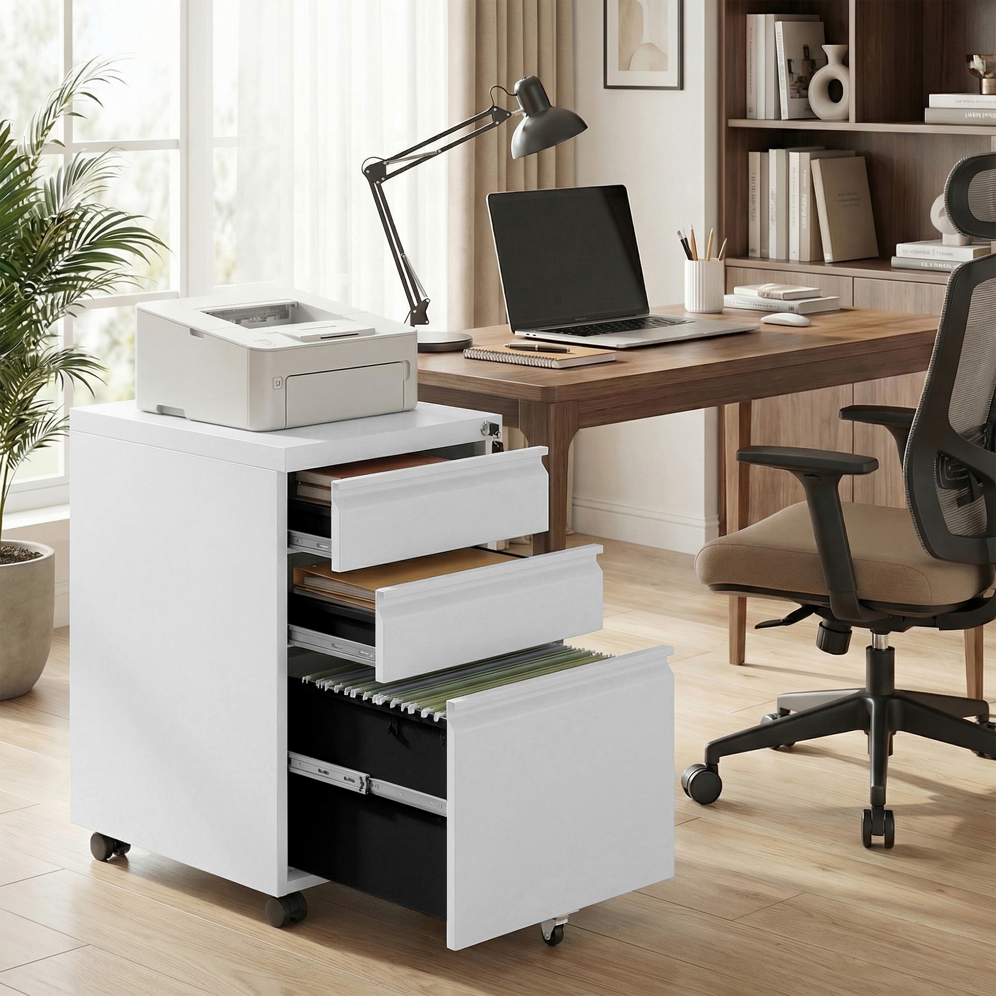 Steel Office Cabinet, Nightstand With 3 Drawers, Lockable Roll Container, Nightstand, For Home Office, Indoor Storage, Printer Stand, White