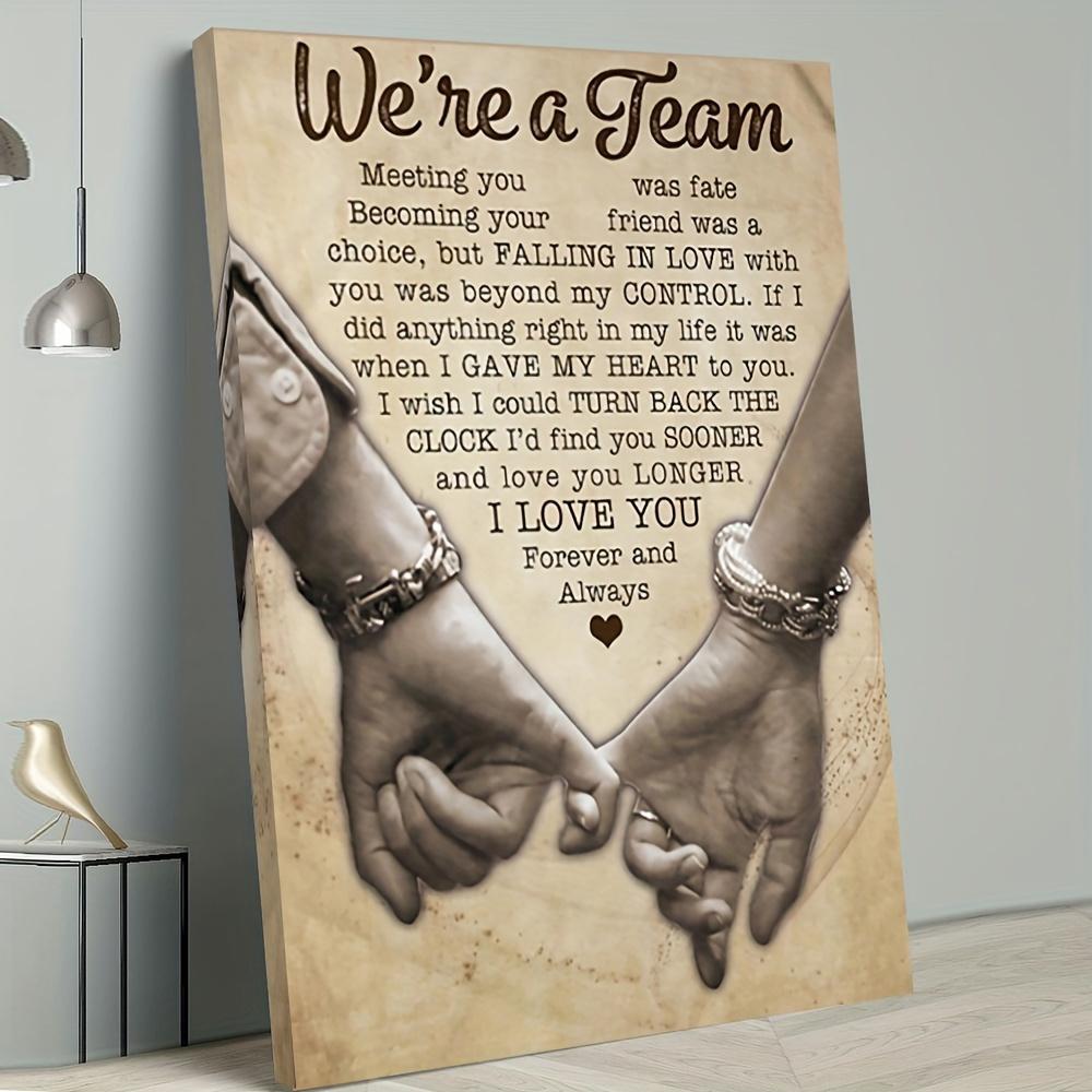 TEMU 2d Flat Painting, 1 Framed Canvas Artwork "meeting You Is - A Team" - A Romantic Couple Gift, Featuring Hands And A Poem, Perfect For Bedroom
