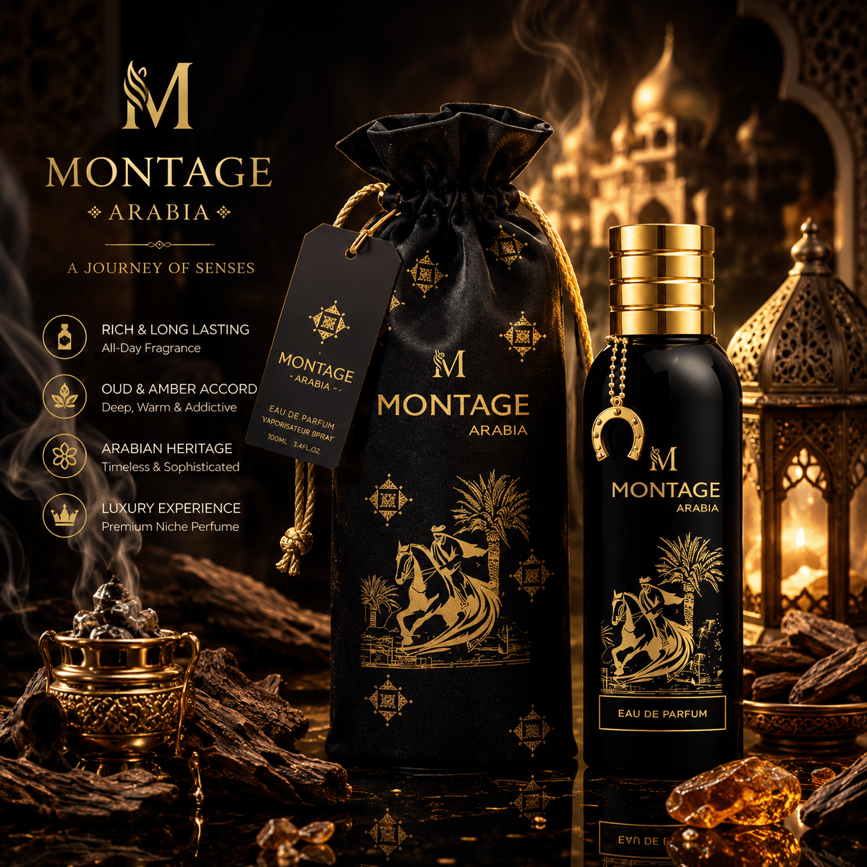 Image of Montage Arabia Eau De Parfum By Montage Brands 100ml – Unisex Oriental Spicy Fragrance With , Saffron, Rose, Oud, Amber, & Bean – For Evening Wear & Special Occasions