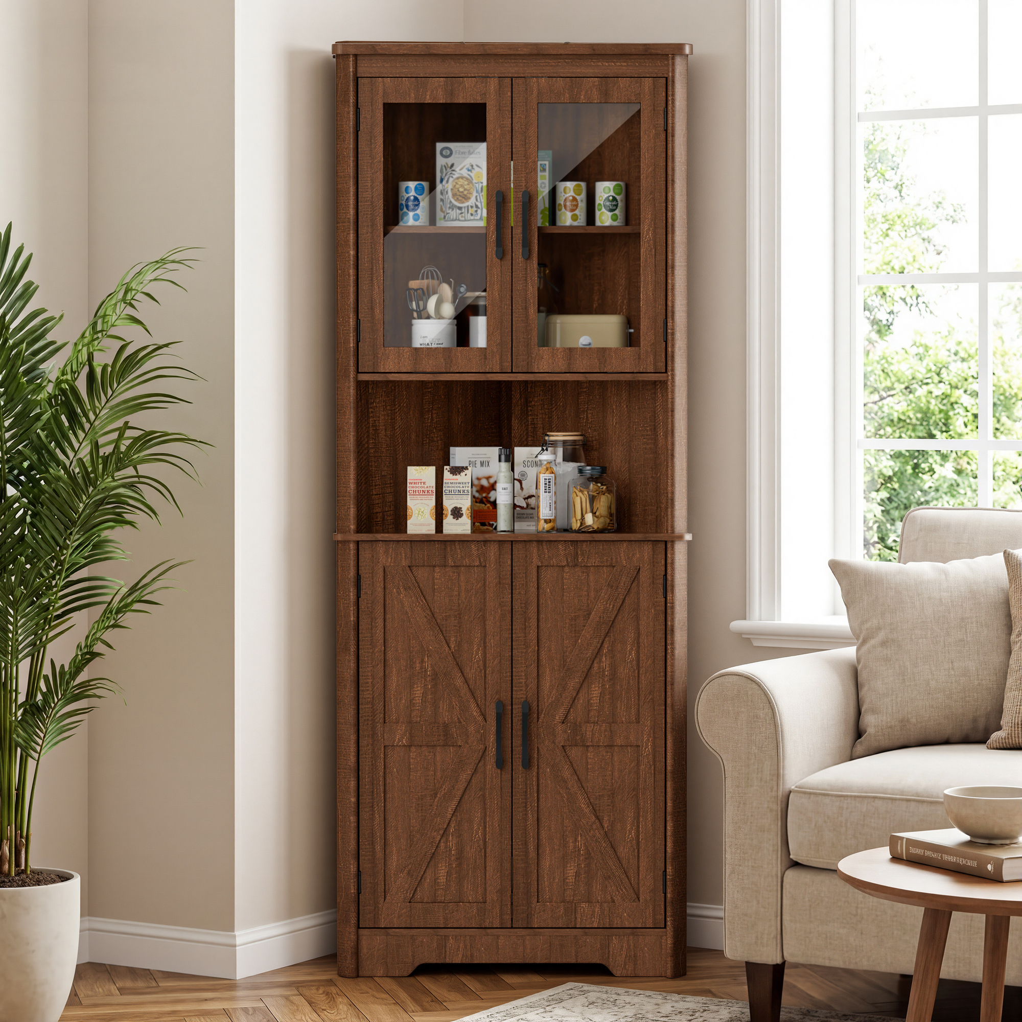 Image of Corner Cabinet, Tall Narrow Bathroom Cabinet With 2 Doors And 5 Shelves, Storage Cabinet For Kitchen, Bedroom, Living Room, 170 Cm Corner Shelf.