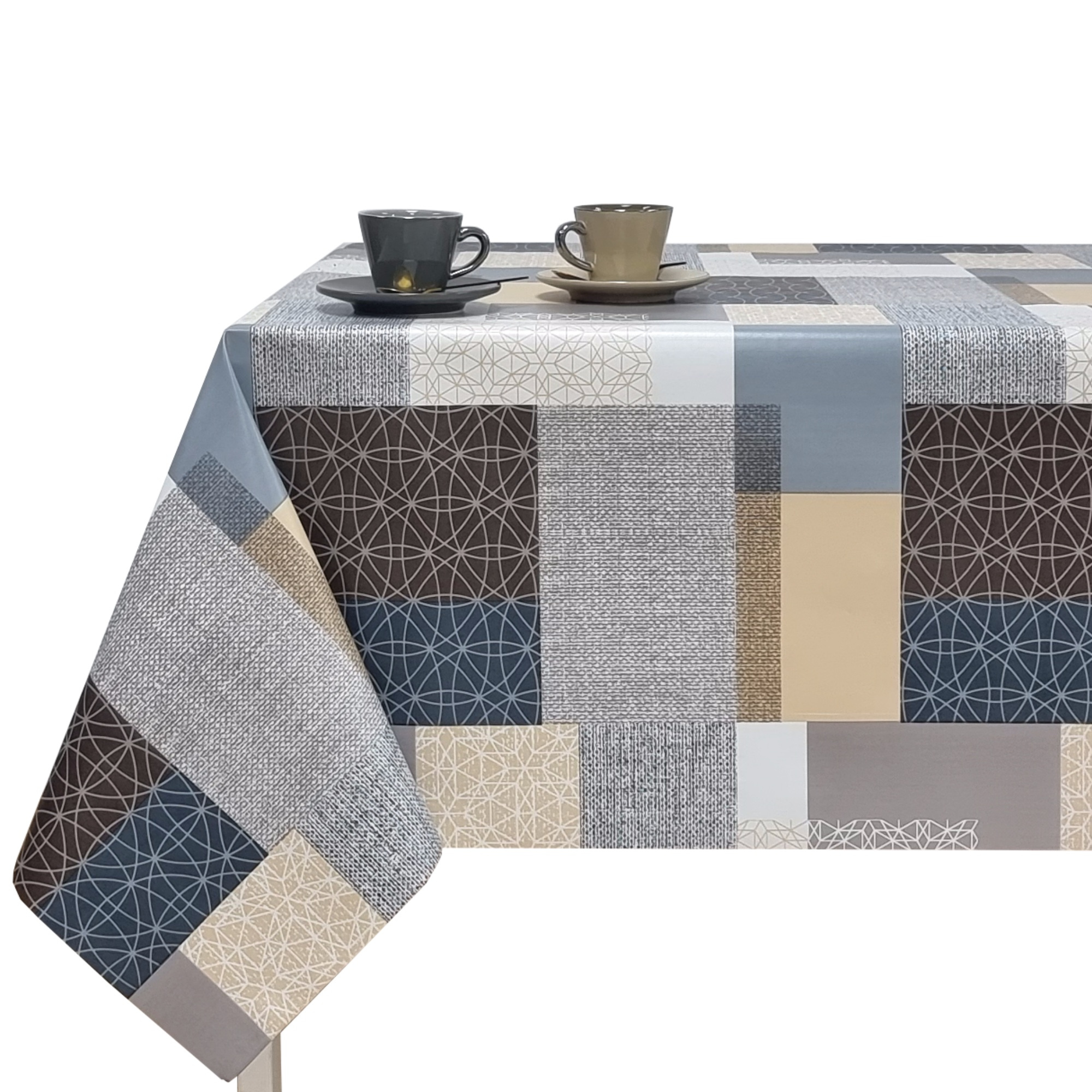 TEMU Mantel de hule PVC antimanchas e impermeable para mesa rectangular, diseño patchwork geométrico en azul, y beige, fácil de limpiar, ideal para