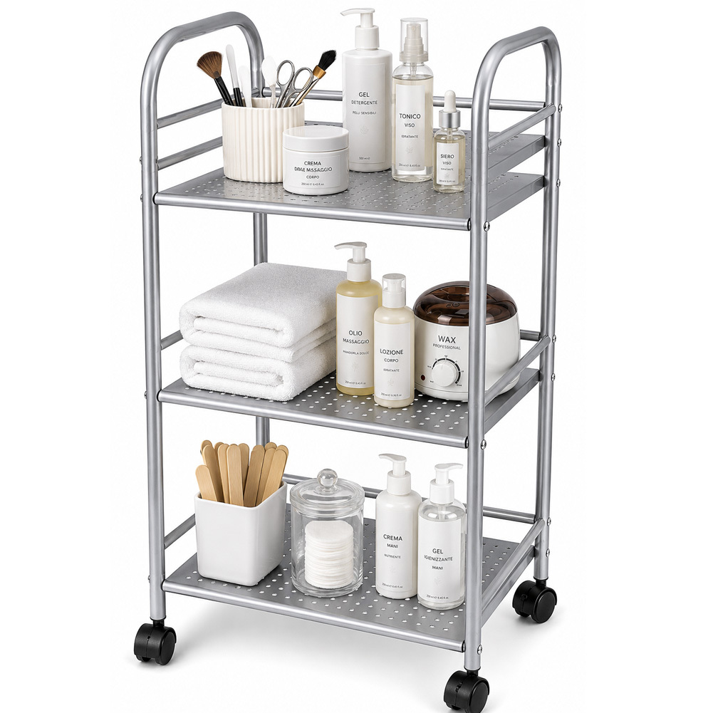 TEMU Bakaji Metal Cart With 4 Swivel Wheels, 3 Shelves, Dimensions 40 X 35 X 75cm, 3-tier Multifunctional Trolley In Silver Color For Bathroom,