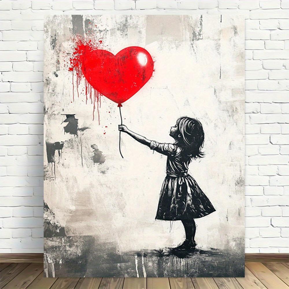 TEMU 2d Flat, 1pc Set Of A Little Girl Holding A Red Heart-shaped Balloon Canvas Wall With Modern Retro Design, High-quality Printed Posters, And