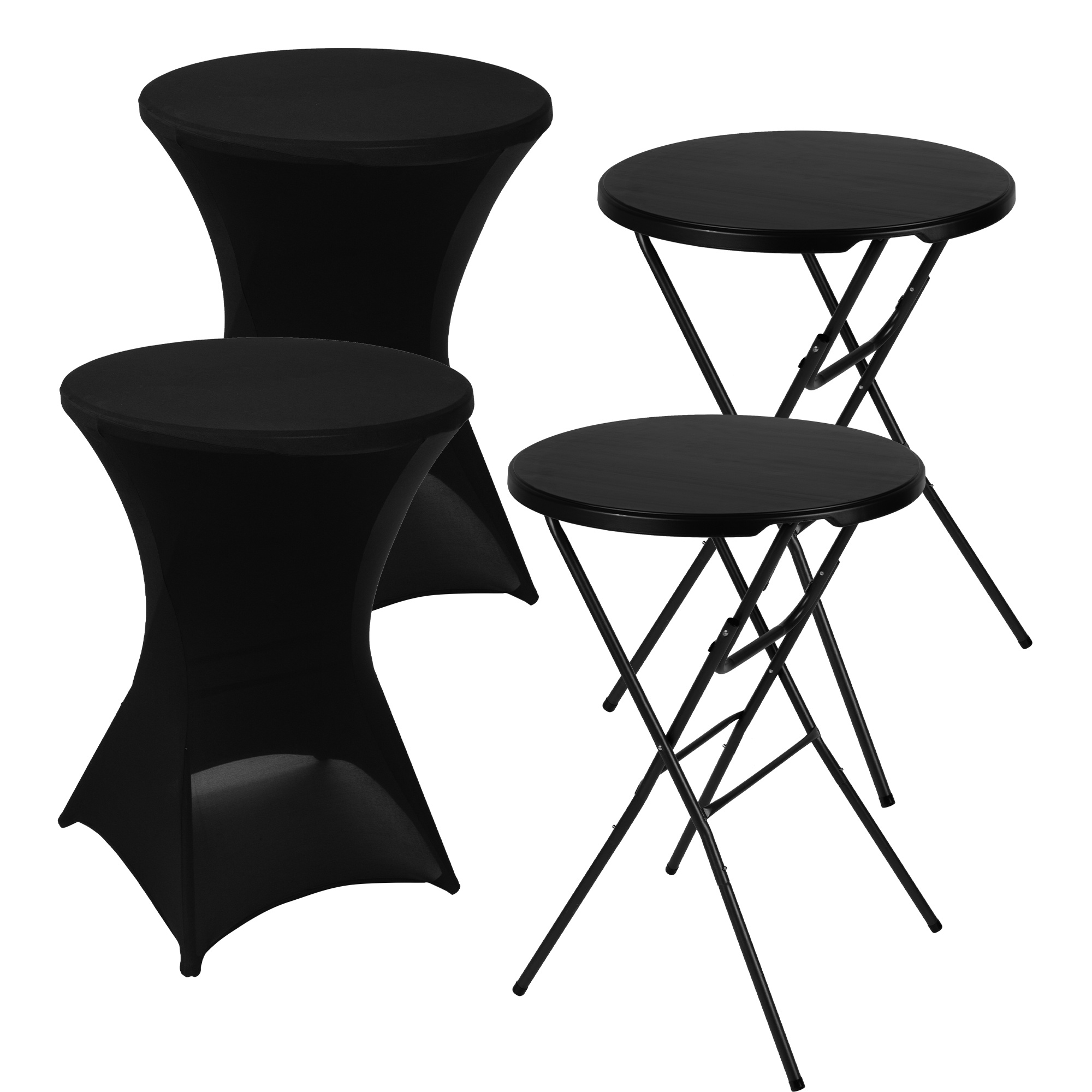 TEMU Cocktail Table Set Of 2 Black With Stretch Table Cover – Foldable Bar Table – 80 Cm Diameter X 110 Cm High – Round High Top Standing Table – –