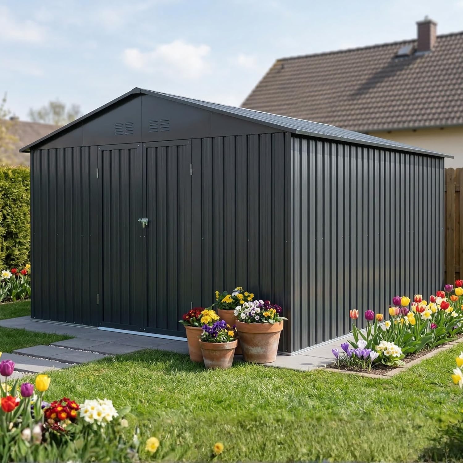 Image of Tool Shed 5xl | Metal Garden Shed Made Of Galvanized Weather-resistant Metal | 340x375x200cm (25.5m³) | Ral 7016 | Lockable Including Lock & Hook | Tool Shed For Garden & Equipment