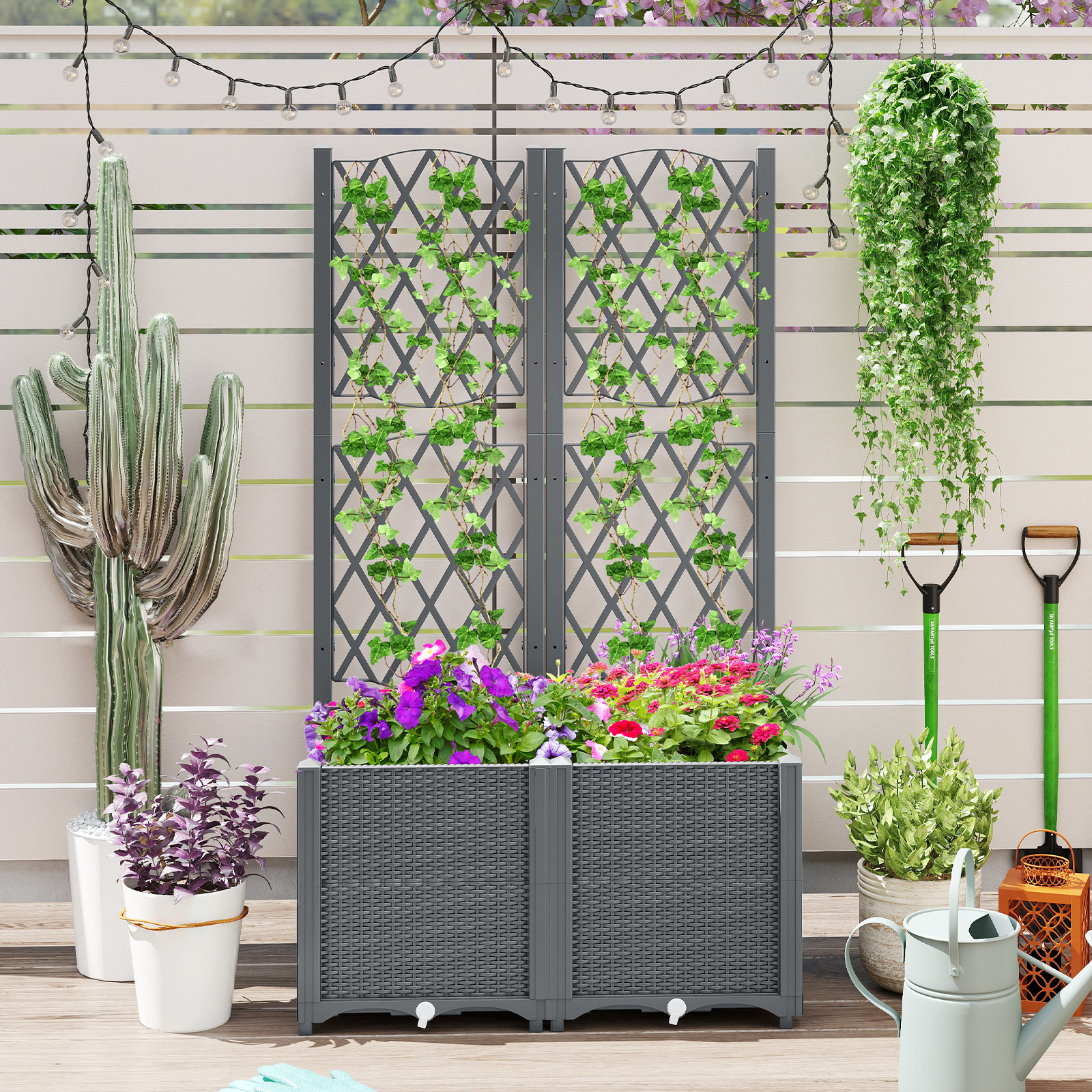 Raised Garden Bed W/ Lattice Trellis, Self-watering Elevated Planter Boxes For Climbing Vine Flower Vegetable Deep- Plant, 55" Tall Indoor Outdoor Patio Balcony Standing Vertical Planter