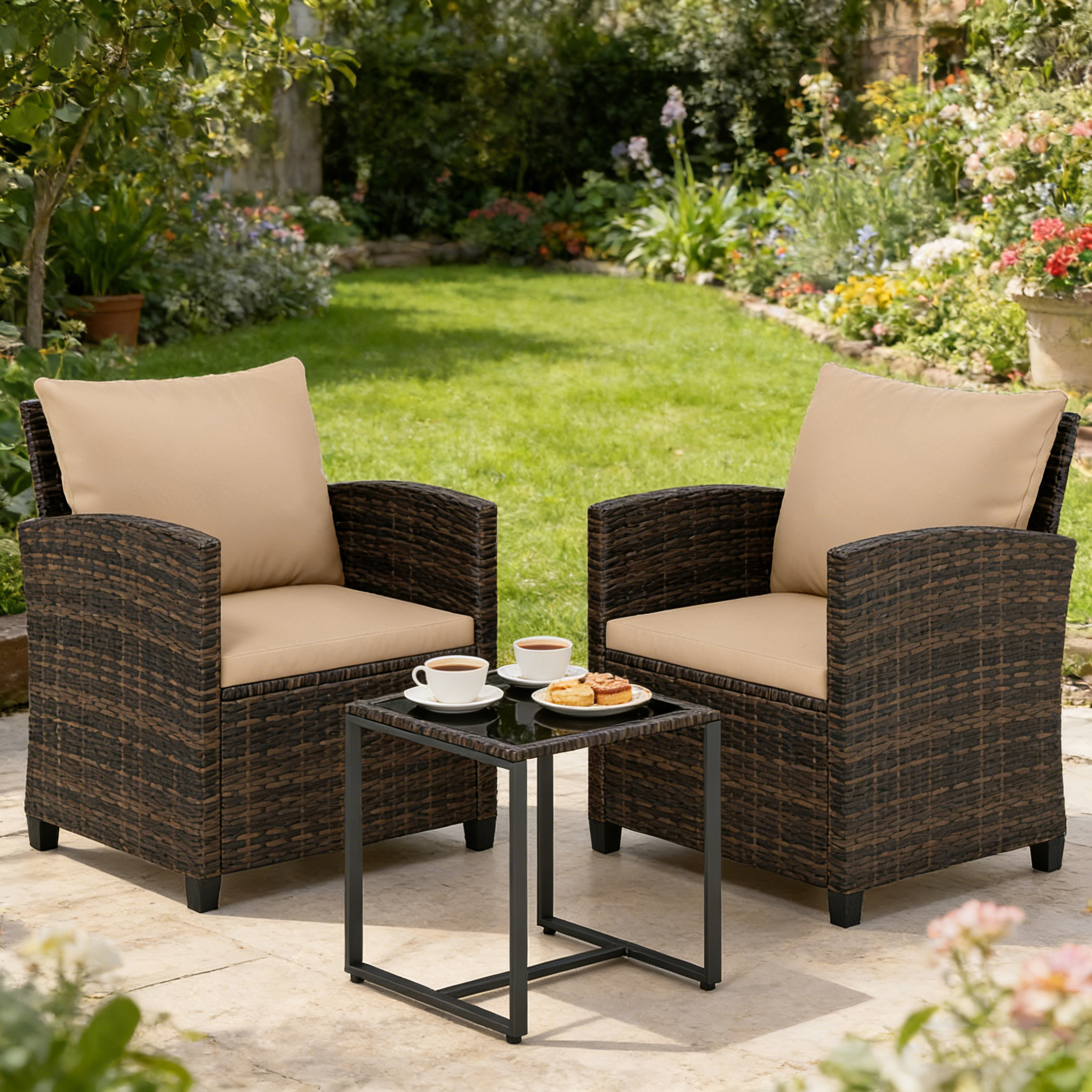 Image of 3pcs Garden Furniture Set, 2 Upholstered Armchairs With Tempered Glass Coffee Table, Outdoor Seating Group With Metal Frame And Soft Cushions, Patio Furniturel