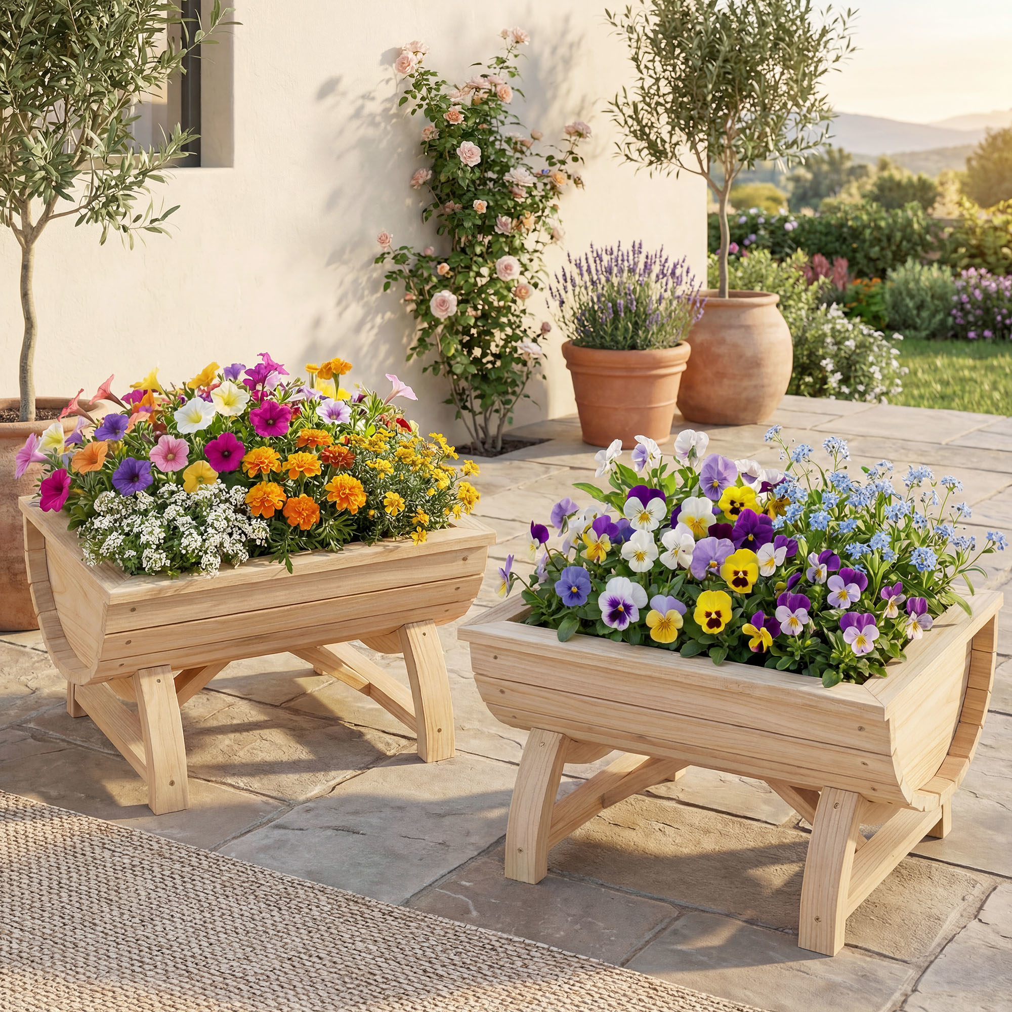 Image of Raised Garden Bed Set Of 2, Half- Flower Box Made Of Fir Wood, Planter With Drainage Hole, Plant Box, Bed, Elevated Outdoor Balcony Planter With Legs For Balcony, Terrace, Garden