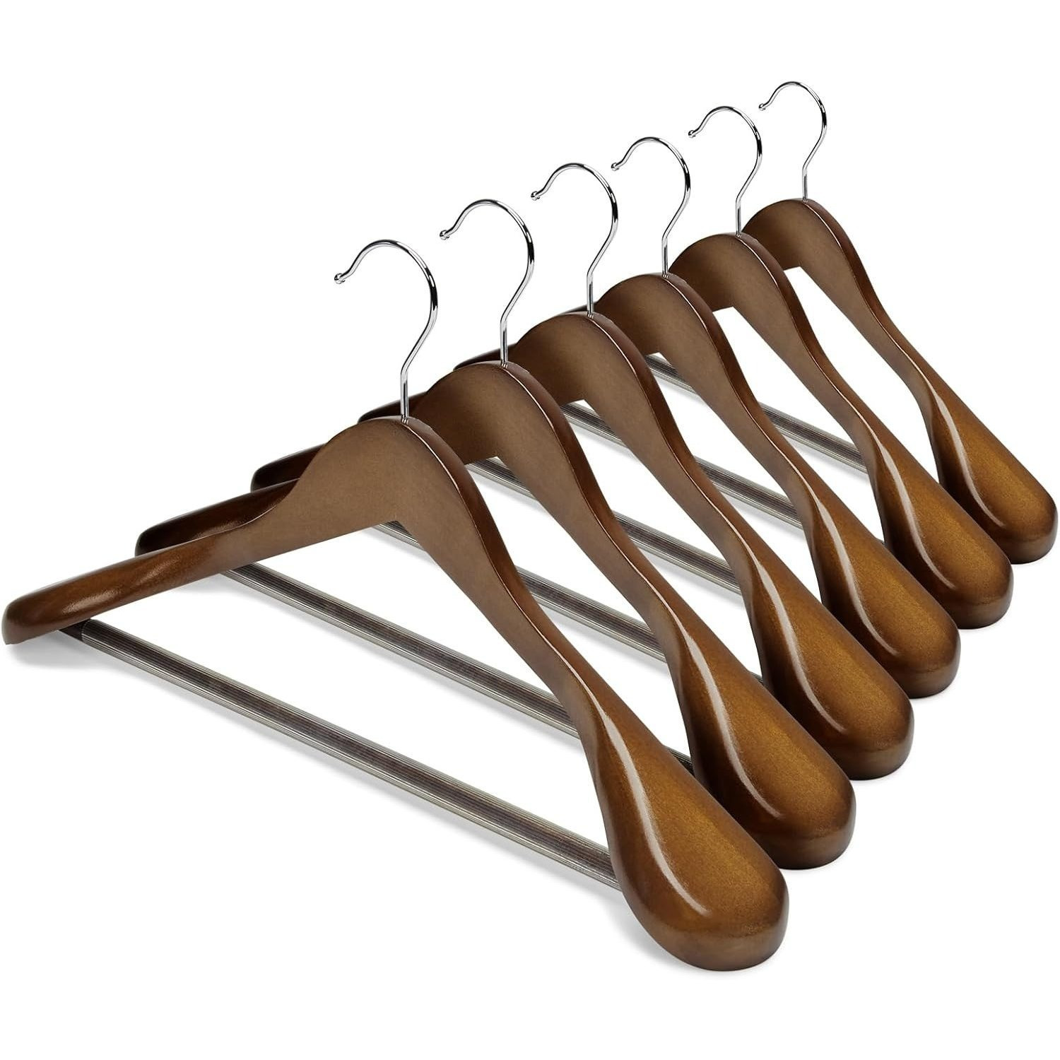 Image of Wide Walnut Wooden Hangers, 5-pack Non-slip Sturdy Suit Hangers With Wide Shoulders, Rotatable Hooks, And Non-slip Pants Rails