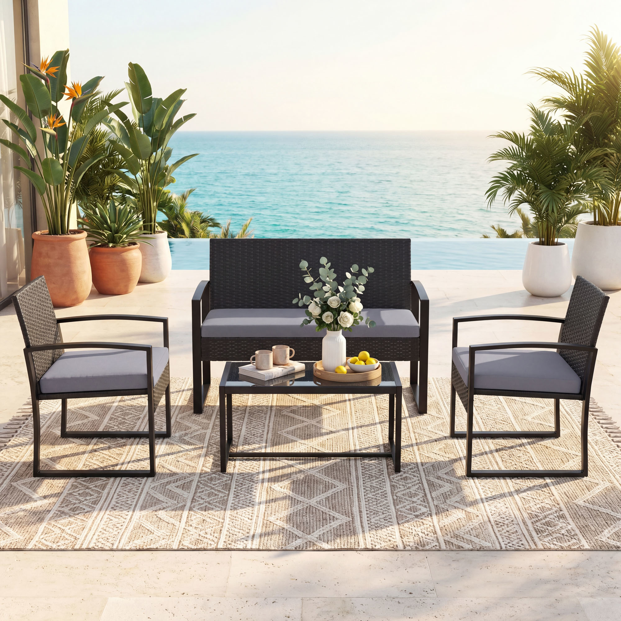 Image of 4-person Outdoor Furniture Set, Outdoor Coffee Table With 2 Armchairs, 1 Sofa, Garden Furniture With Tempered Glass Top For Terrace, Balcony, Patio, Cushions Included