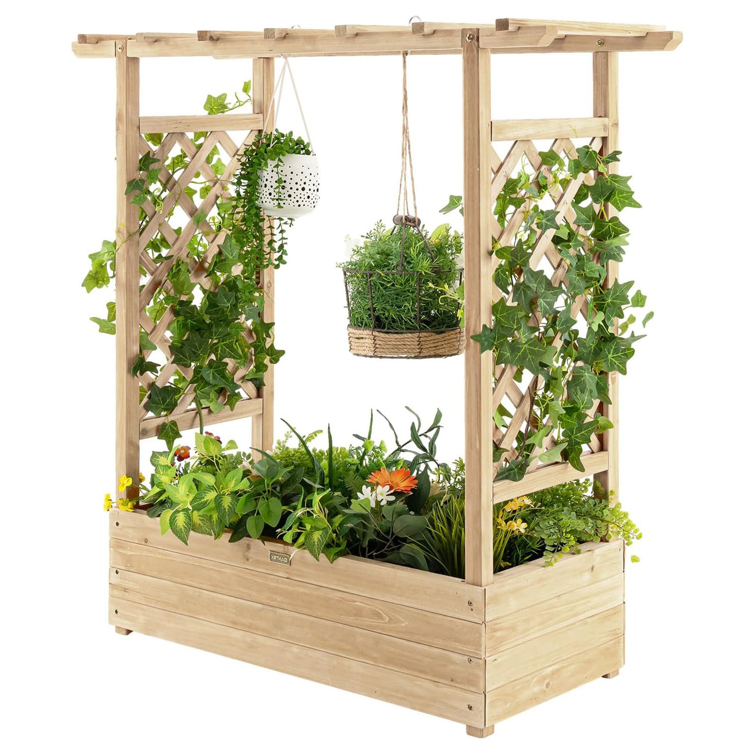 Image of Raised Bed With Trellis, Flower Box With Hanging Roof Drainage Holes, Plant Box Trellis Plant Pot For Garden, Patio, Yard (natural, 100 X 44 X 113.5 Cm)