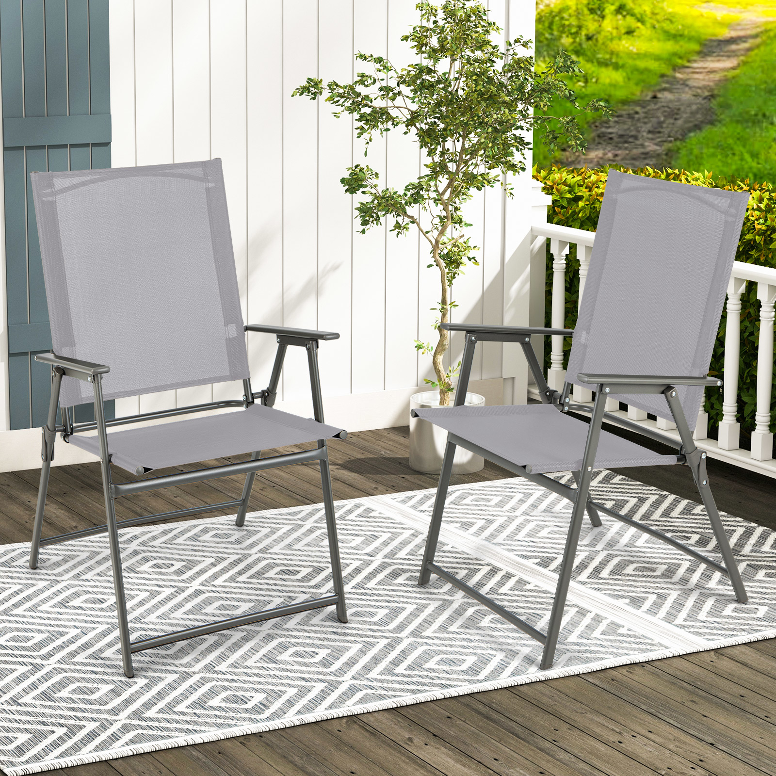 Image of Folding Patio Chairs Set Of 2, Outdoor Sling Chairs With Sturdy Metal Frame, Armrests & Backrest, Portable Dining Chairs For Deck, Garden, Backyard, Camping, No Assembly