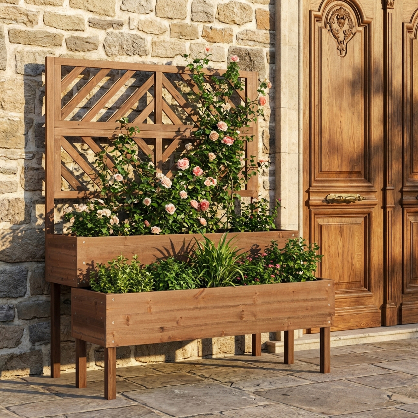 Image of 2-in-1 Raised Planter With 2-tier Wooden Trellis For Vines, Flower Box With Drainage Hole For Vegetables, Fruits, Herbs, Flowers, For Patio, Balcony, Terrace (brown)