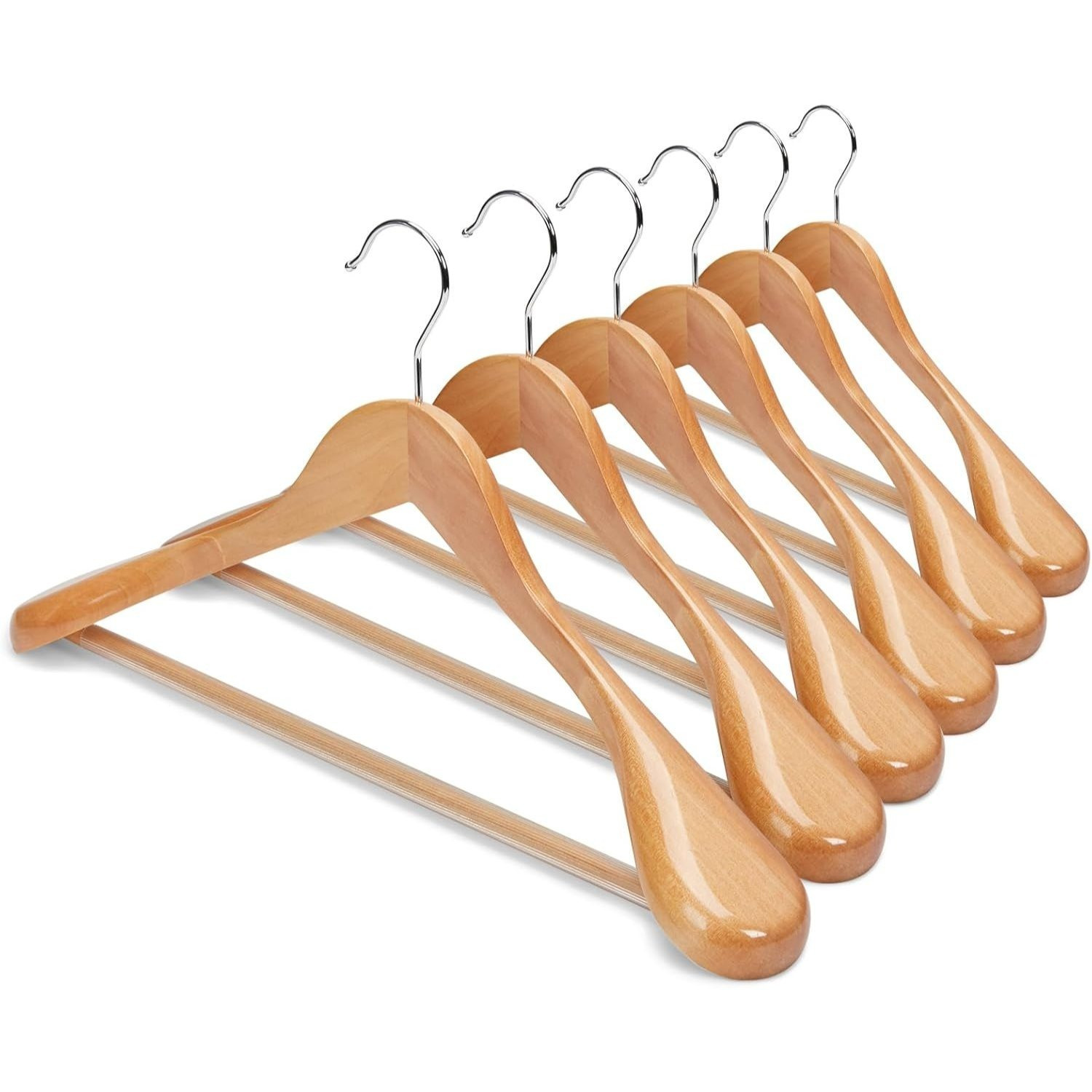 Image of Wide Walnut Wooden Hangers, 5-pack Non-slip Sturdy Suit Hangers With Wide Shoulders, Rotatable Hooks, And Non-slip Pants Rails